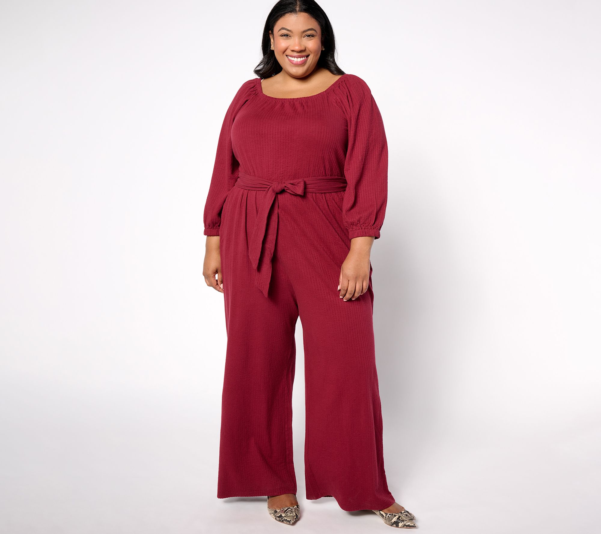 AnyBody Regular DayDreamer Knit 3/4 Sleeve Tie Waist Jumpsuit