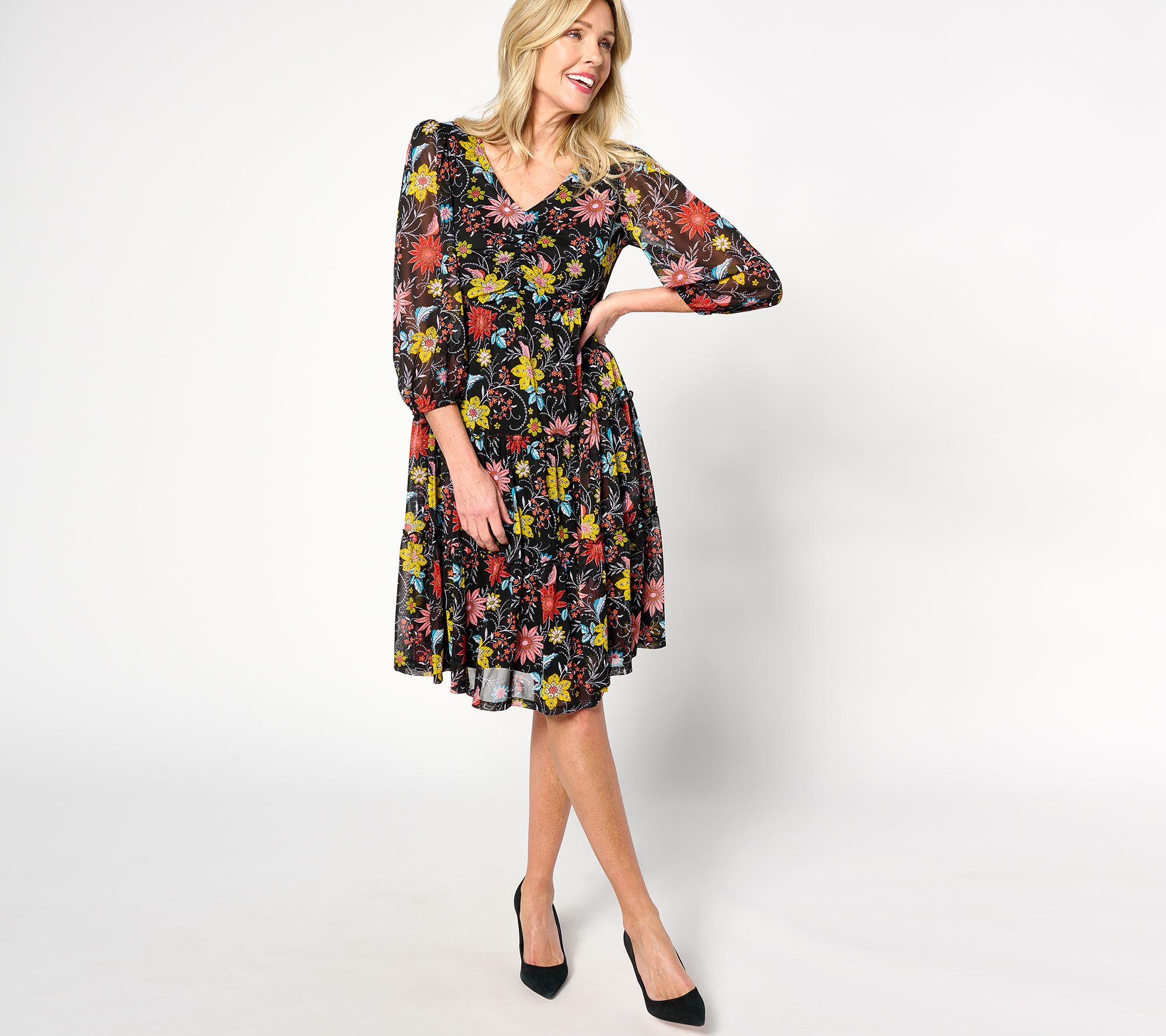 "As Is" Susan Graver Petite Printed Mesh V-Neck 3/4 Slv Tiered Dress