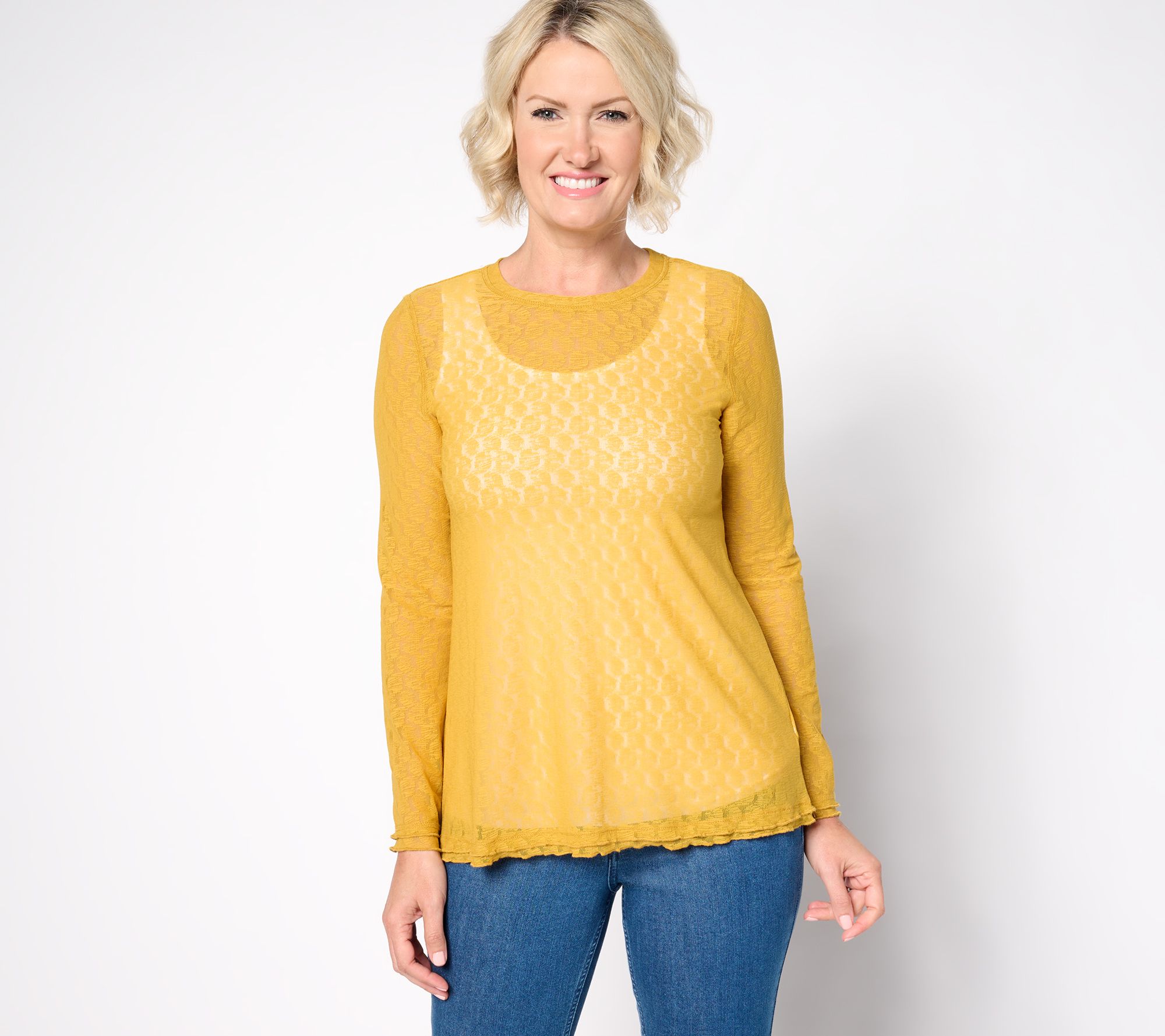 LOGO Layers by Lori Goldstein Crew Neck Long Sleeve Mesh Top