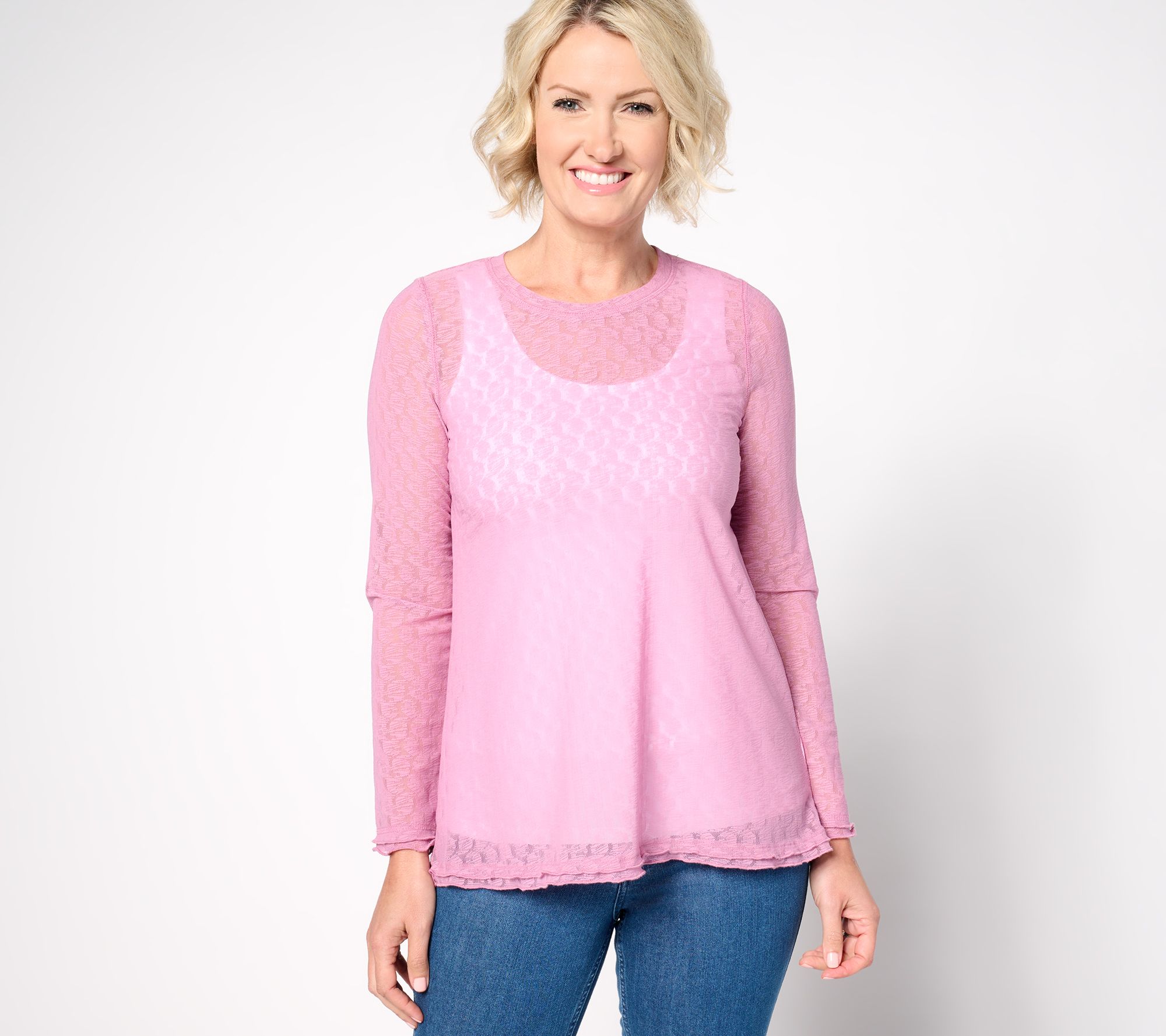 LOGO Layers by Lori Goldstein Crew Neck Long Sleeve Mesh Top