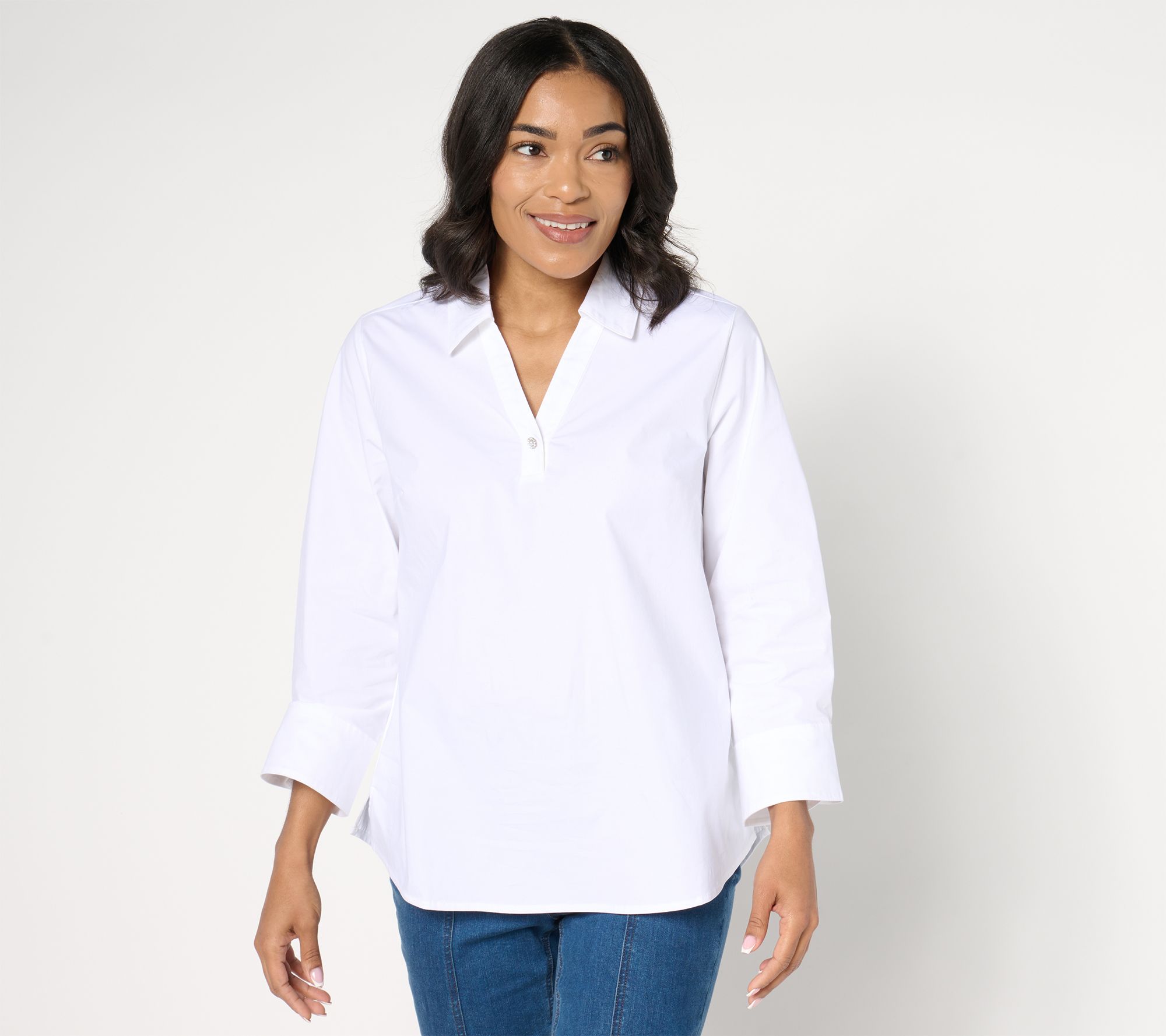 Denim & Co. Signature Petite Poplin Tunic w/ Rhinestone