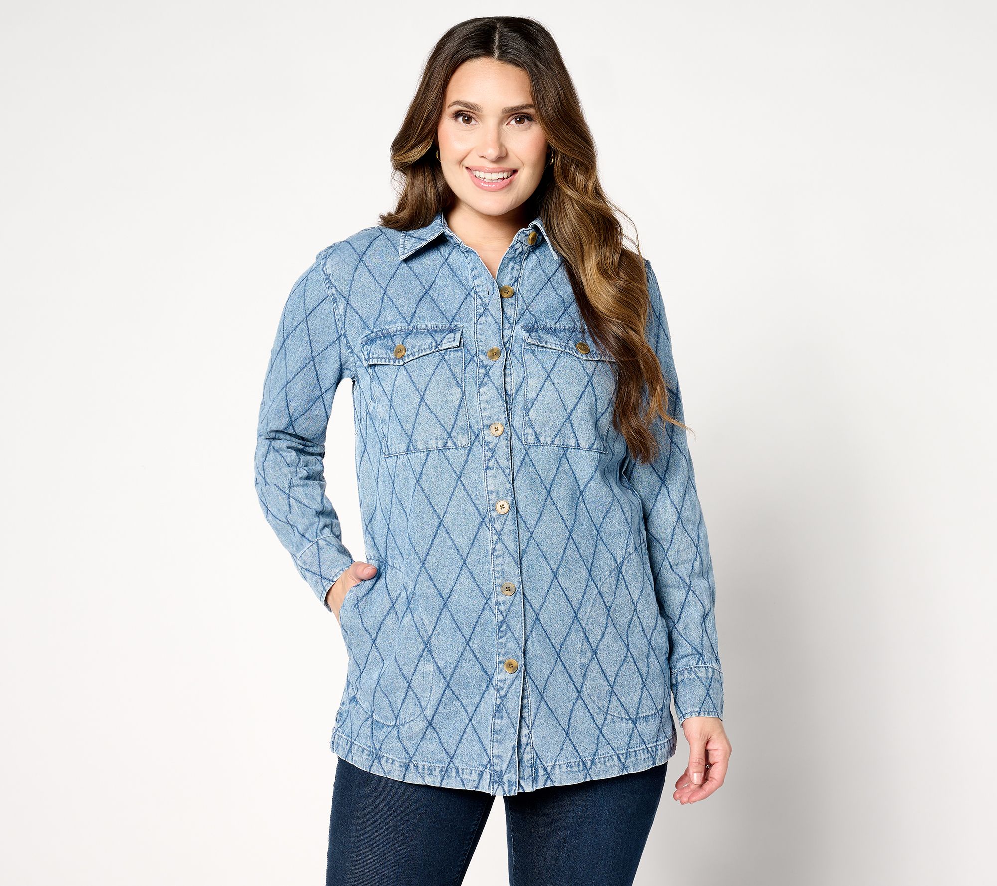 "As Is" Joan Rivers Cotton Denim Boyfriend Shirt with Diamond Detail