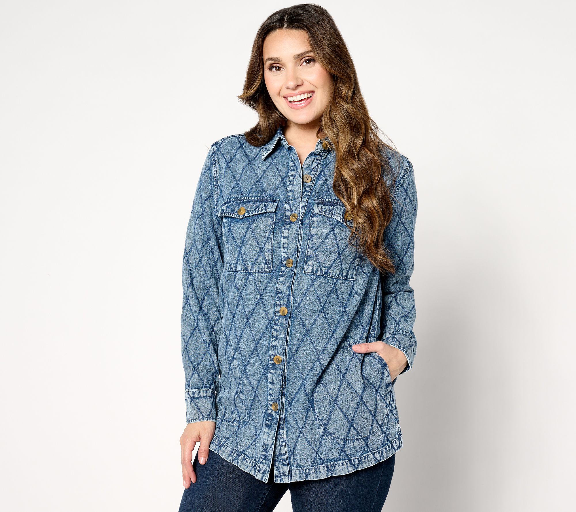 "As Is" Joan Rivers Cotton Denim Boyfriend Shirt with Diamond Detail