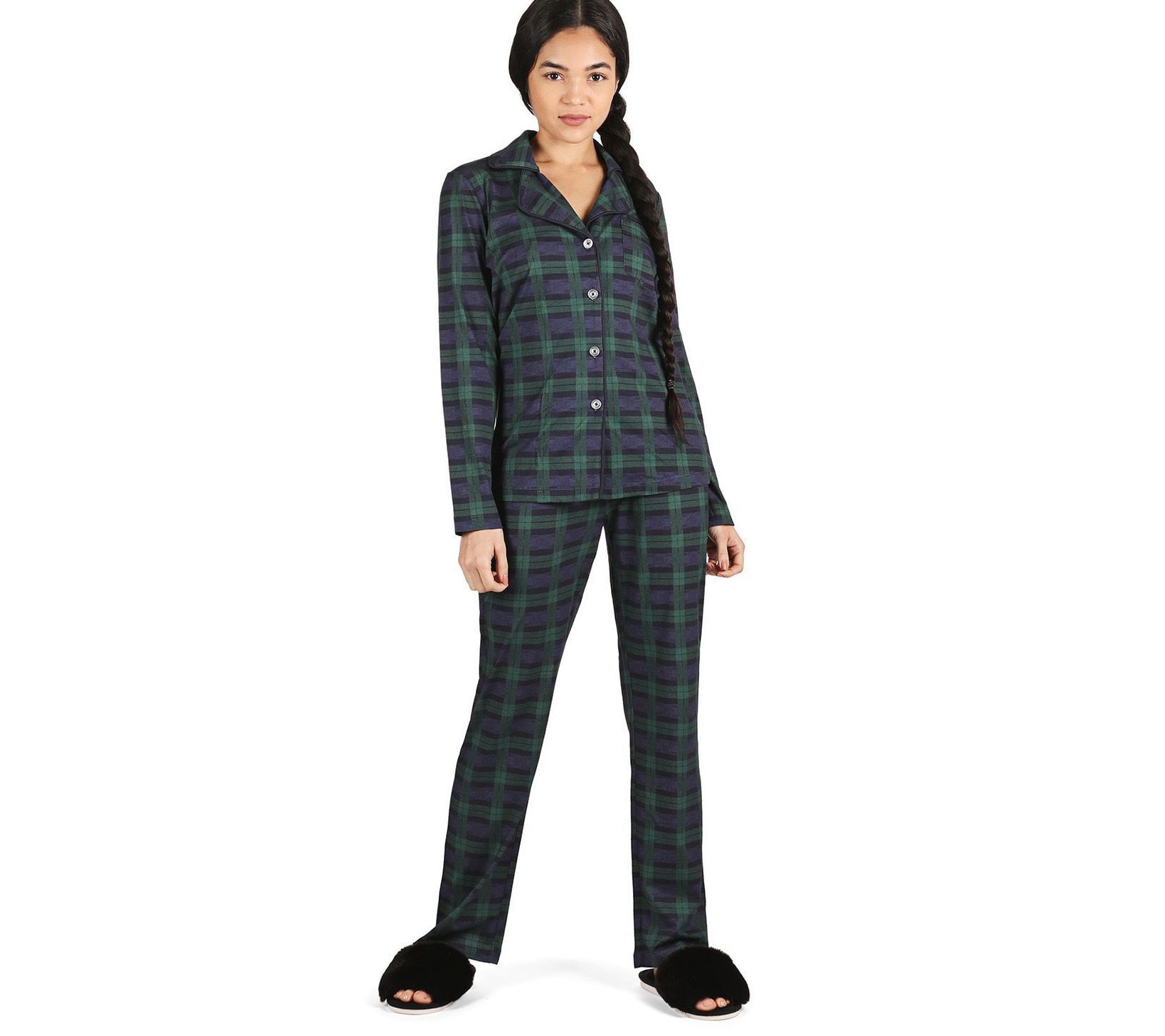 Memoi Women's Plaid Button-Up Notch Collar Pajama Set