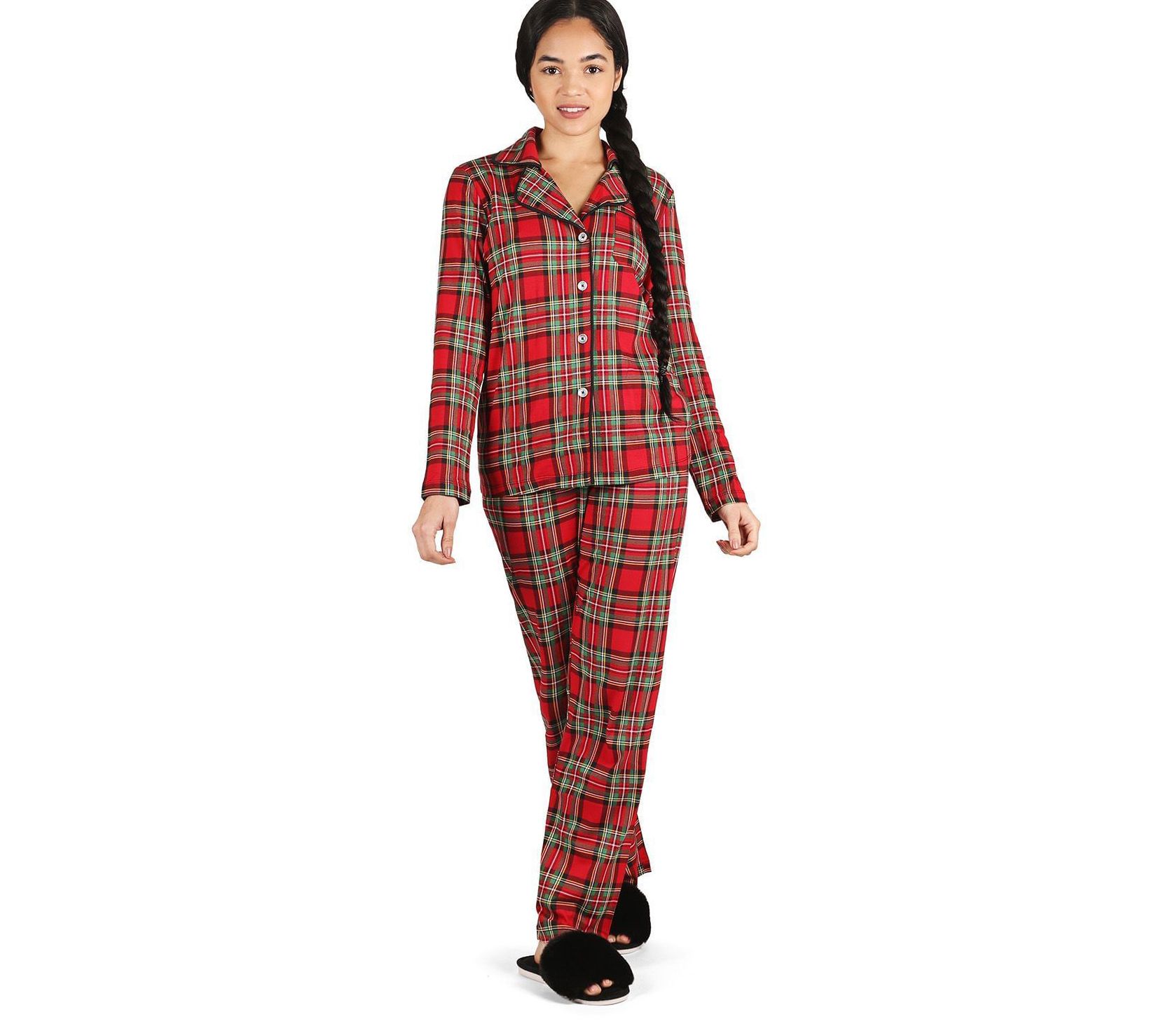Memoi Women's Plaid Button-Up Notch Collar Pajama Set