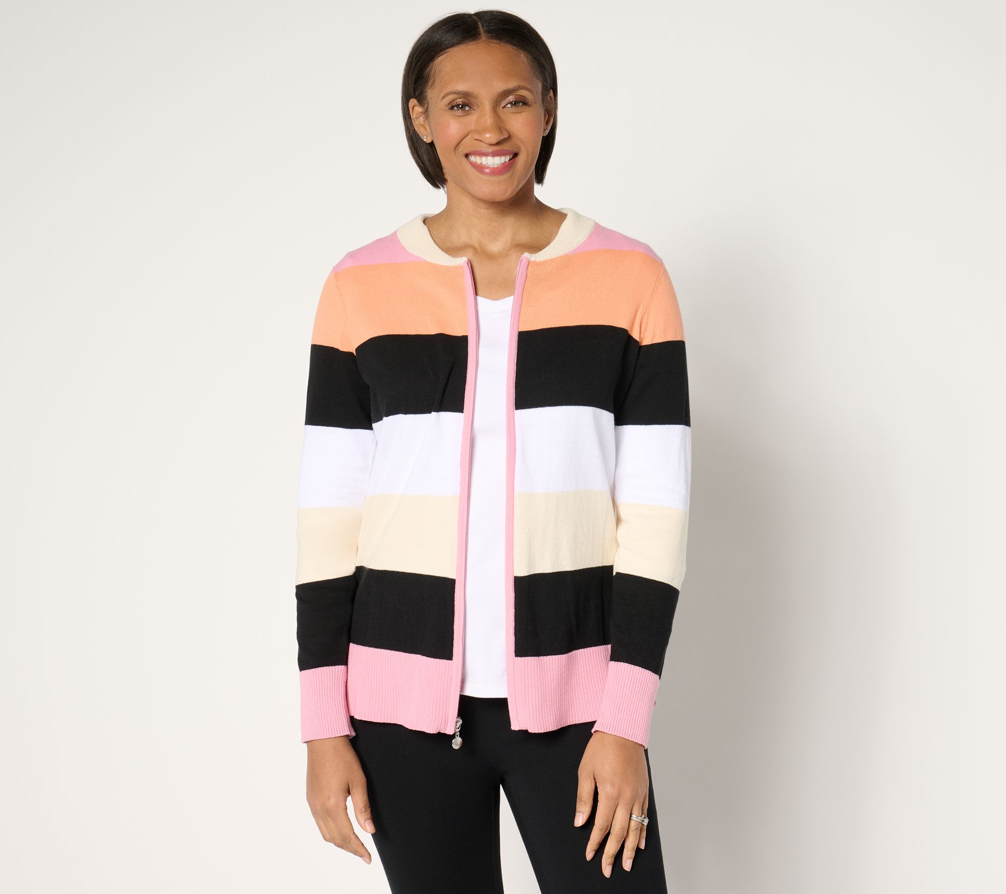 Sport Savvy 100% Cotton Zip-Up Sweater with Bold Stripe