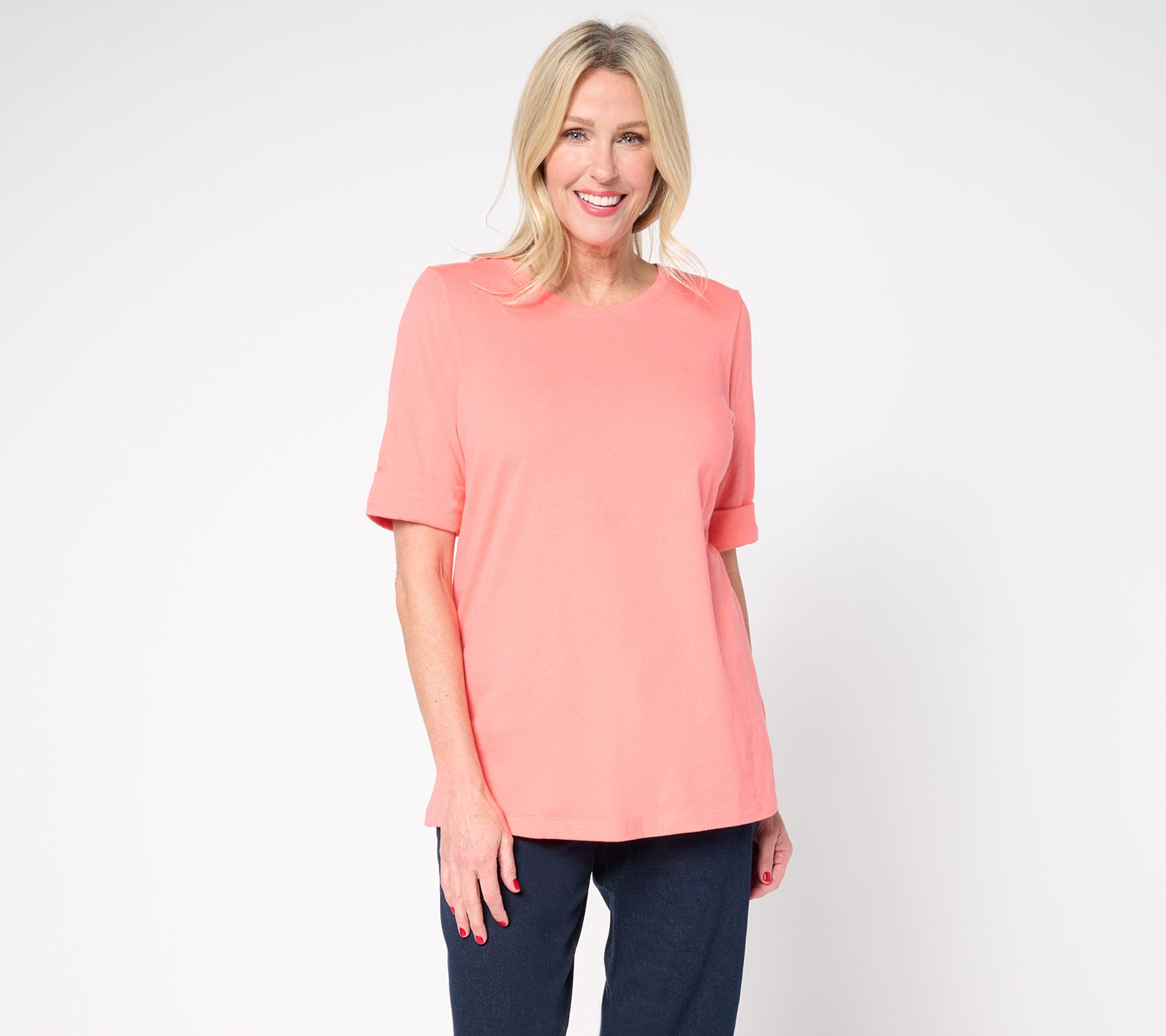 Denim & Co. Essentials Petite True Cotton Roll Cuff Tunic