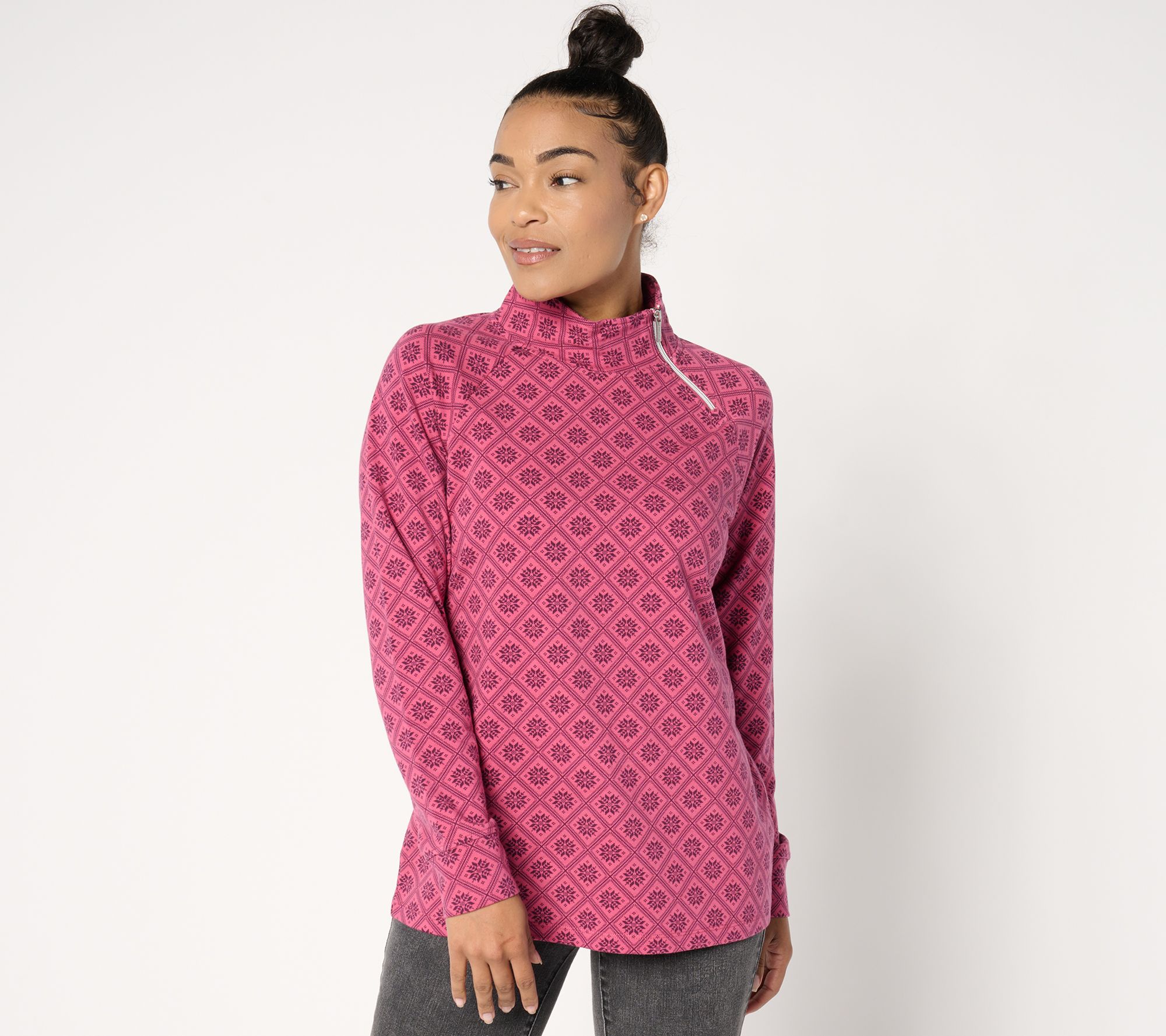 "As Is" Denim & Co. Active French Terry Mock Neck Printed Top