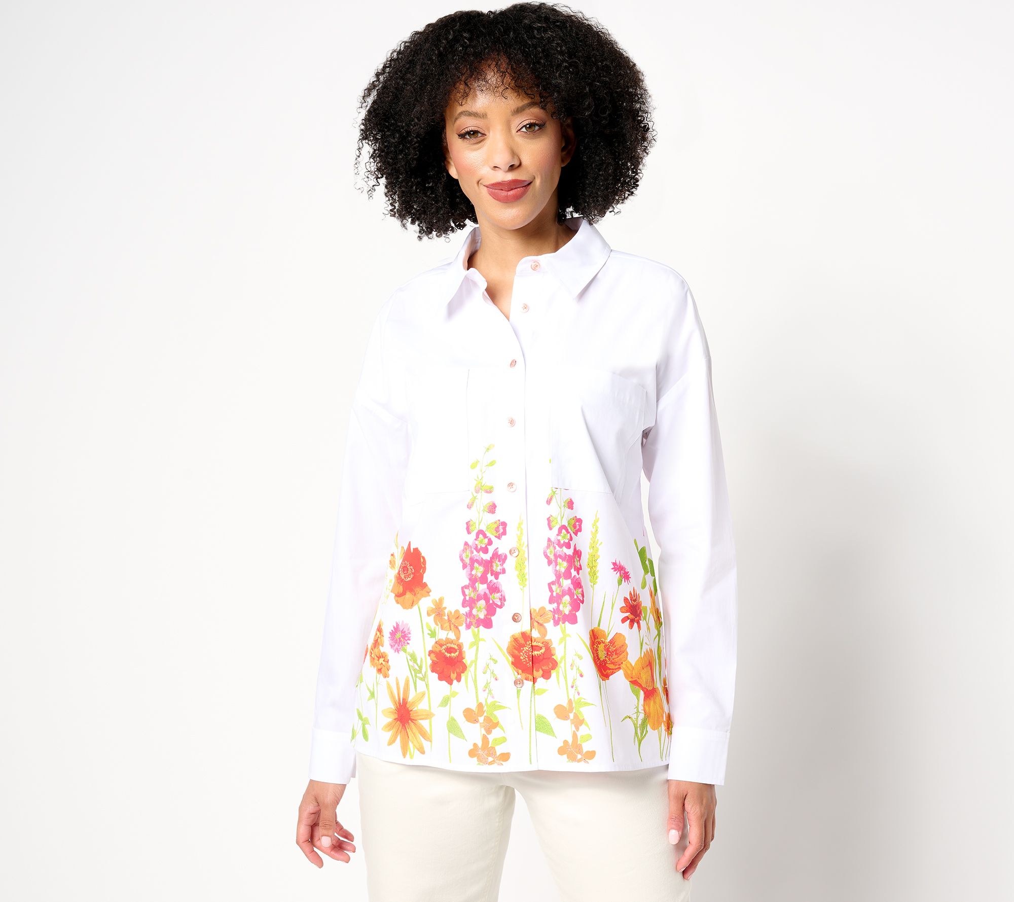 Attitudes by Renee Regular Button Front Shirt with Border Print