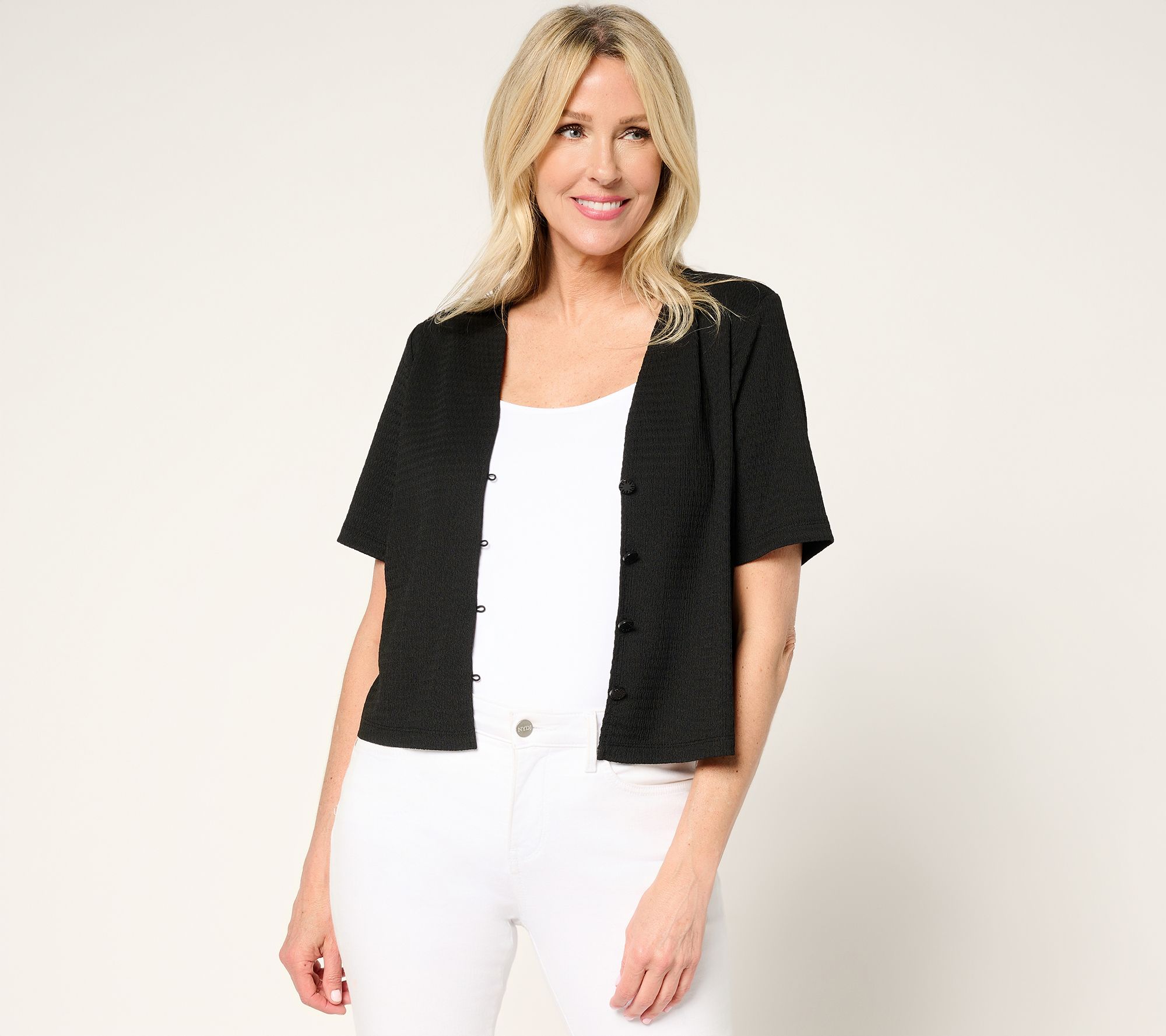 Susan Graver Textured Knit Button Front Short-Sleeve Shrug
