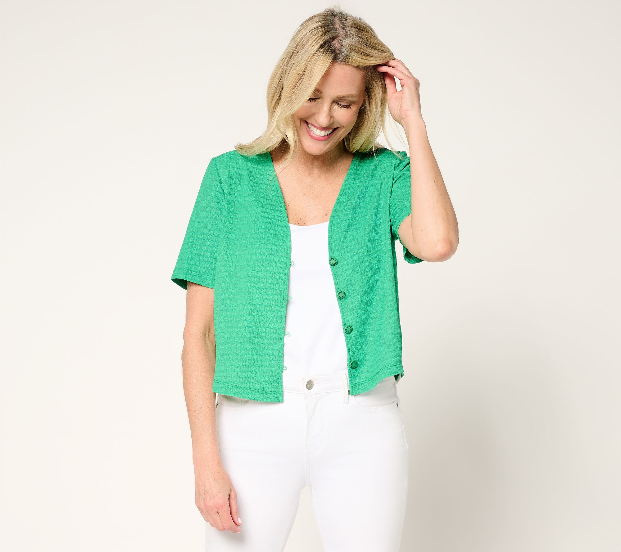 Susan Graver Textured Knit Button Front Short-Sleeve Shrug