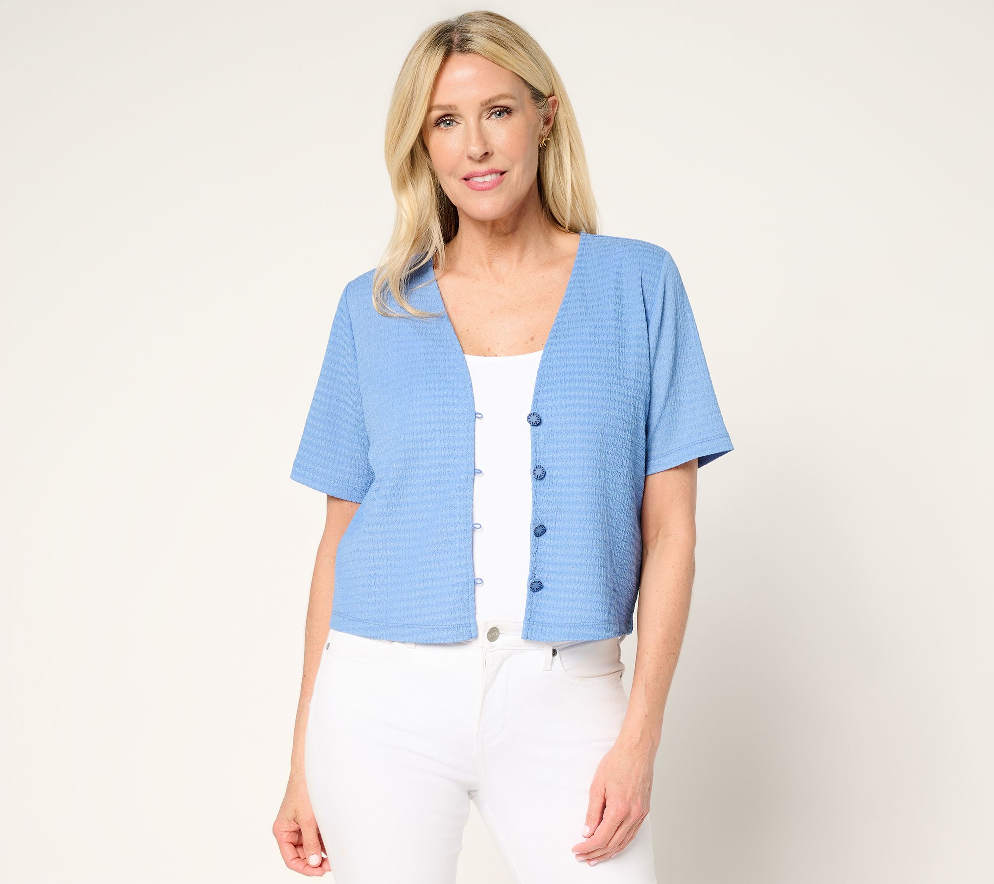 Susan Graver Textured Knit Button Front Short-Sleeve Shrug