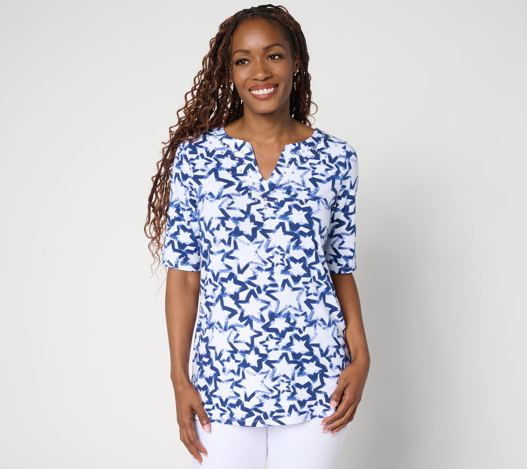 Quacker Factory Starlet Split Neck Elbow Sleeve Top