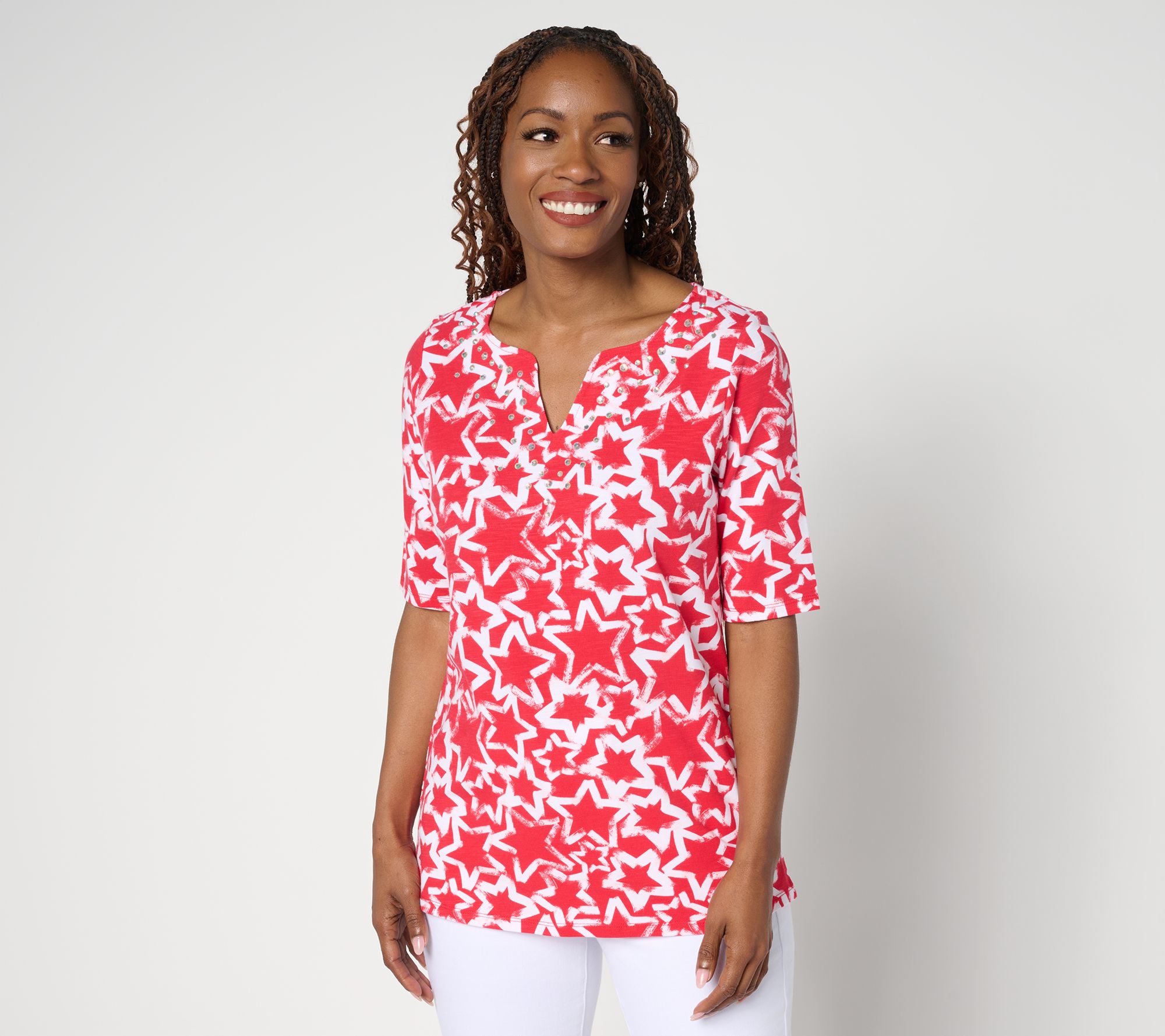 Quacker Factory Starlet Split Neck Elbow Sleeve Top