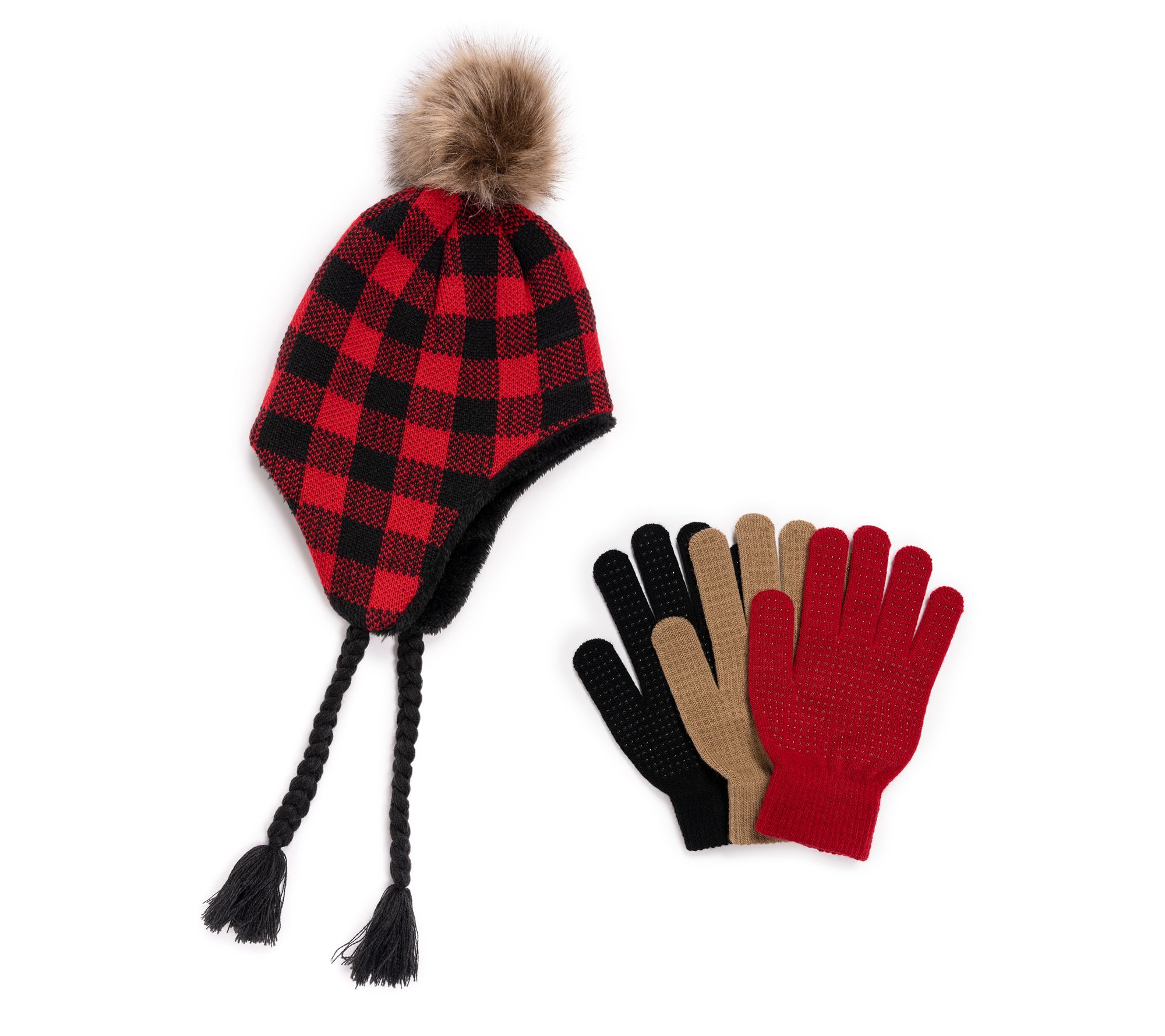 MUK LUKS Polar Prep! Plaid Pom Trapper Hat w/ Set of 3 Gloves