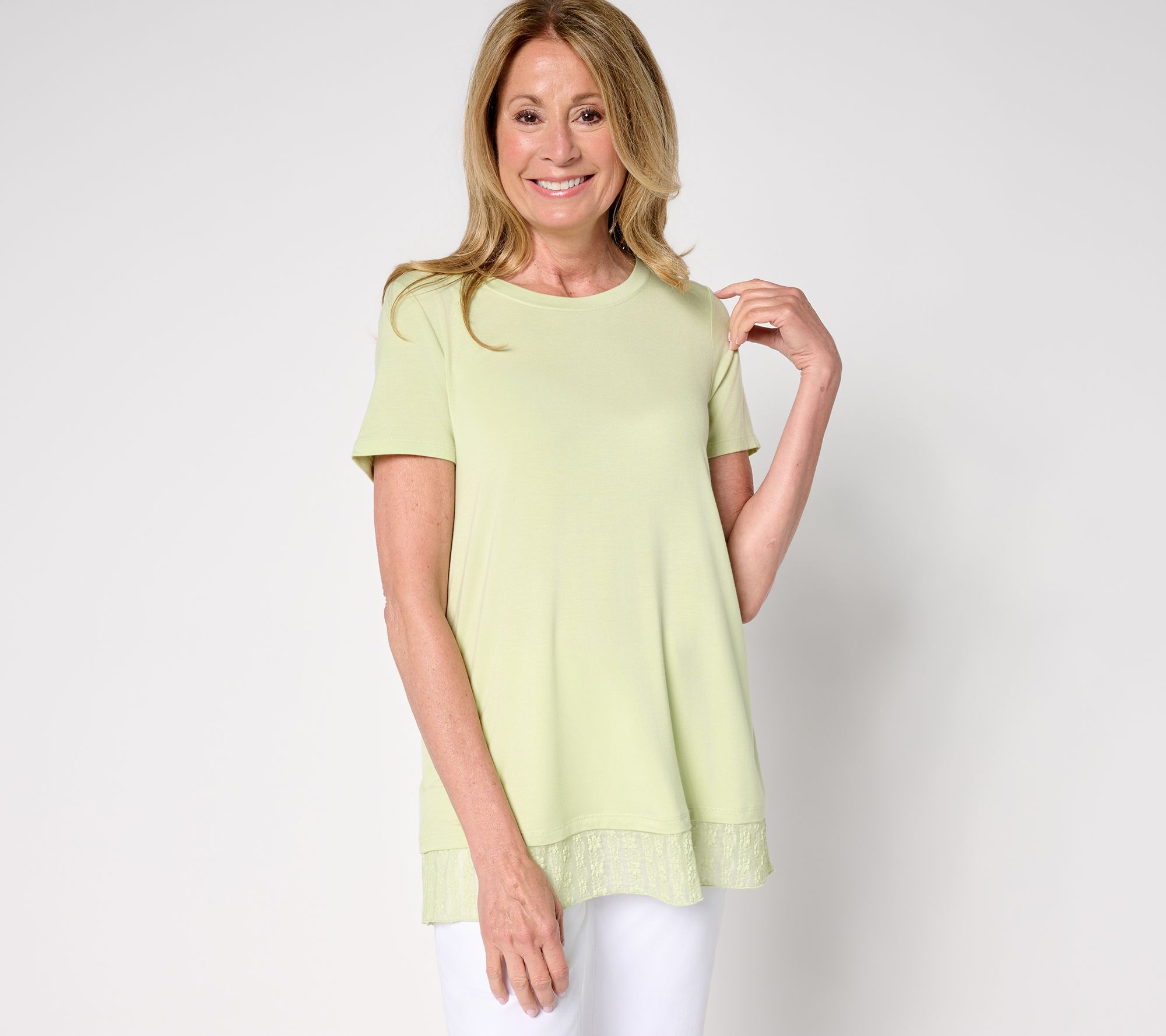 LOGO Layers by Lori Goldstein Knit Short Sleeve Top with Lace Hem