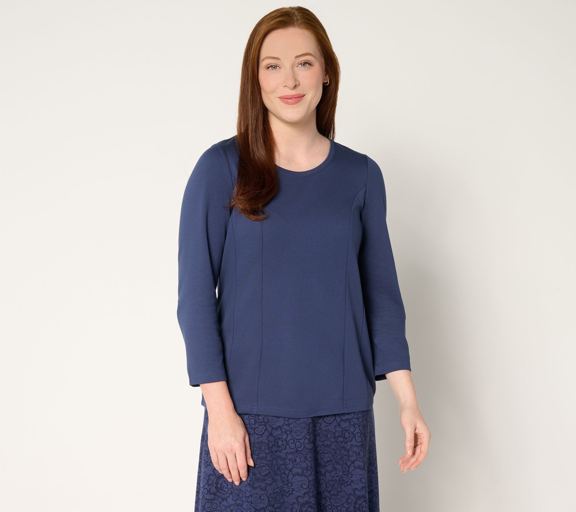 BEAUTIFUL by Lawrence Zarian Silky Ponte Seam Detail Crew Neck Top