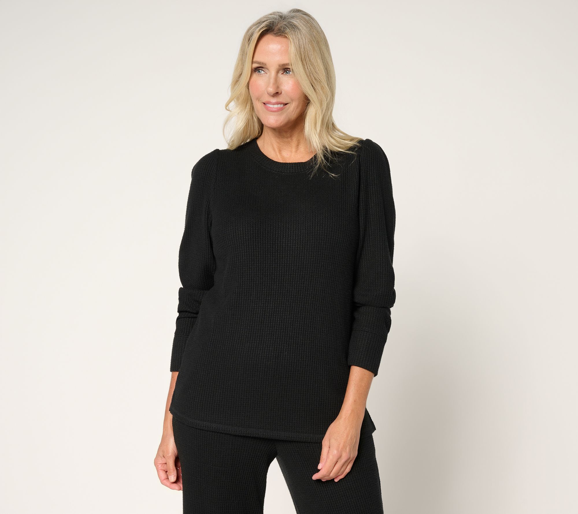 AnyBody Brushed Waffle Knit Crew Neck Top with Tall Cuff