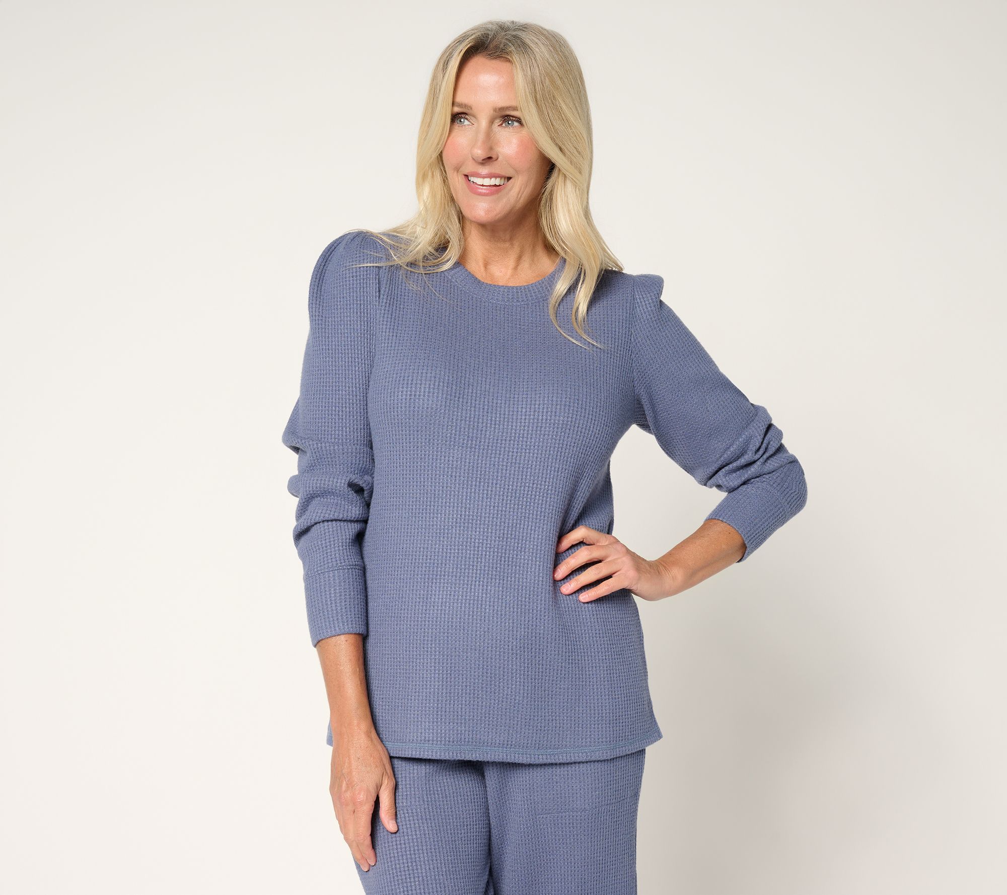 AnyBody Brushed Waffle Knit Crew Neck Top with Tall Cuff