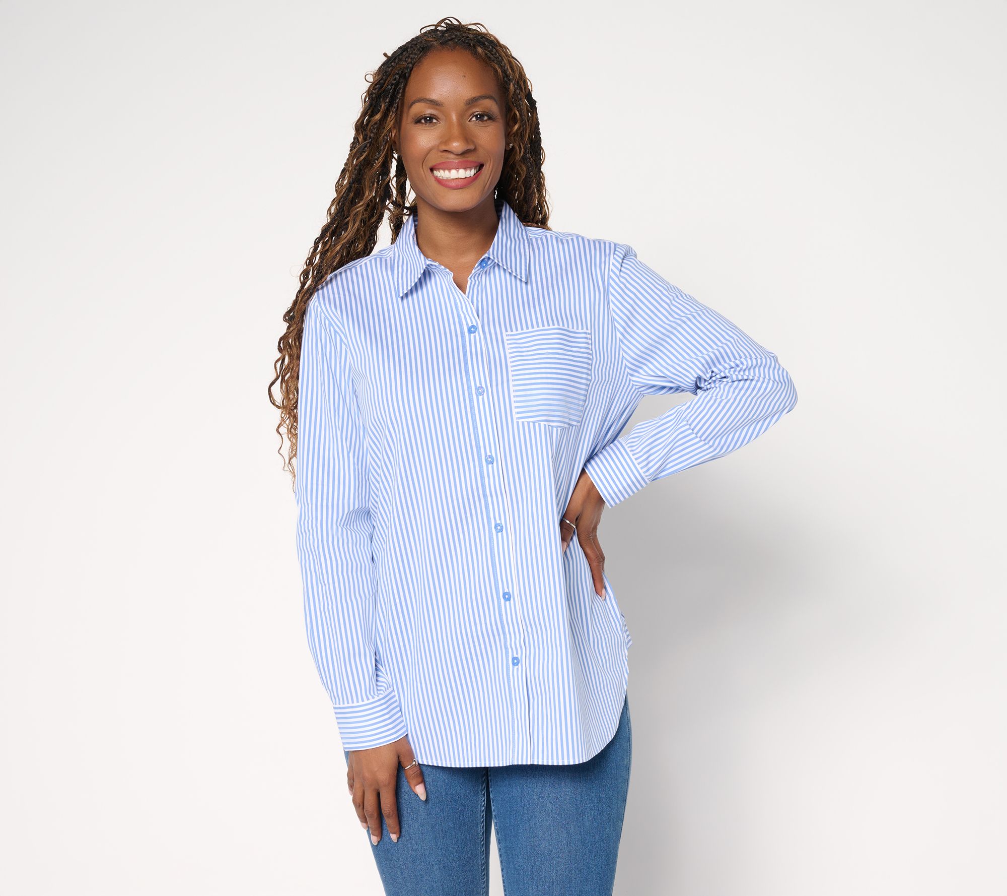Susan Graver Petite Yarn Dyed Stretch Woven Poplin Shirt