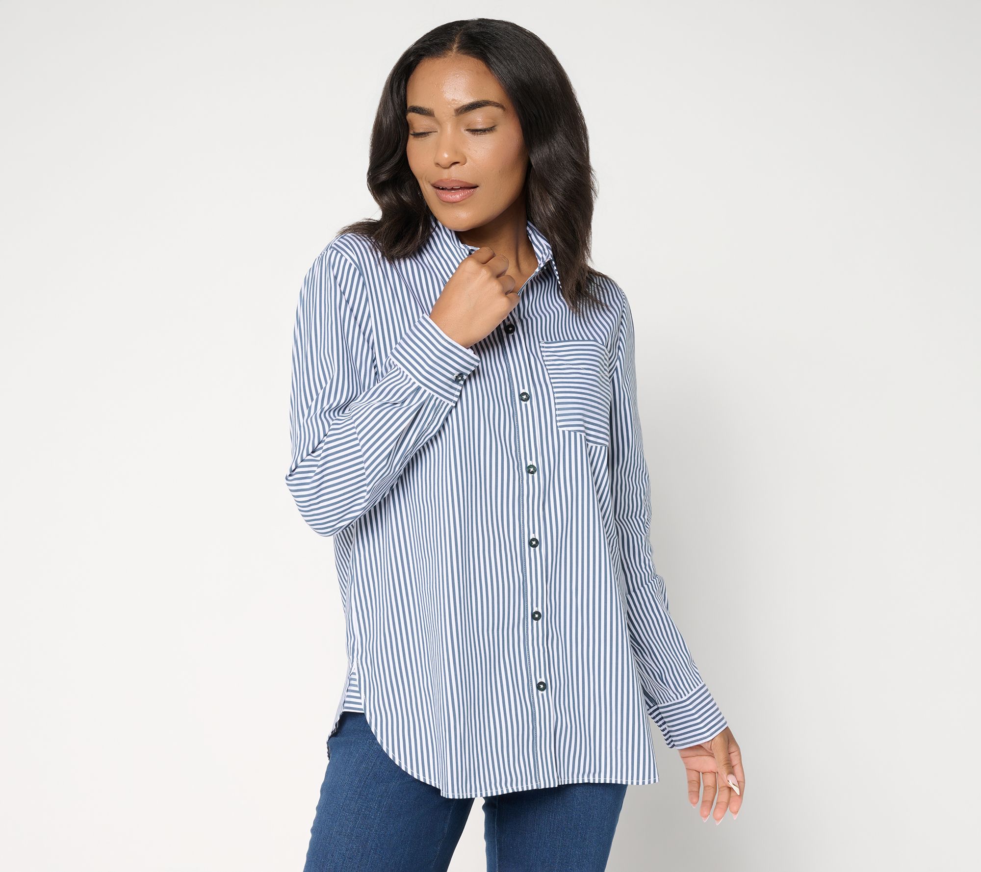 Susan Graver Petite Yarn Dyed Stretch Woven Poplin Shirt