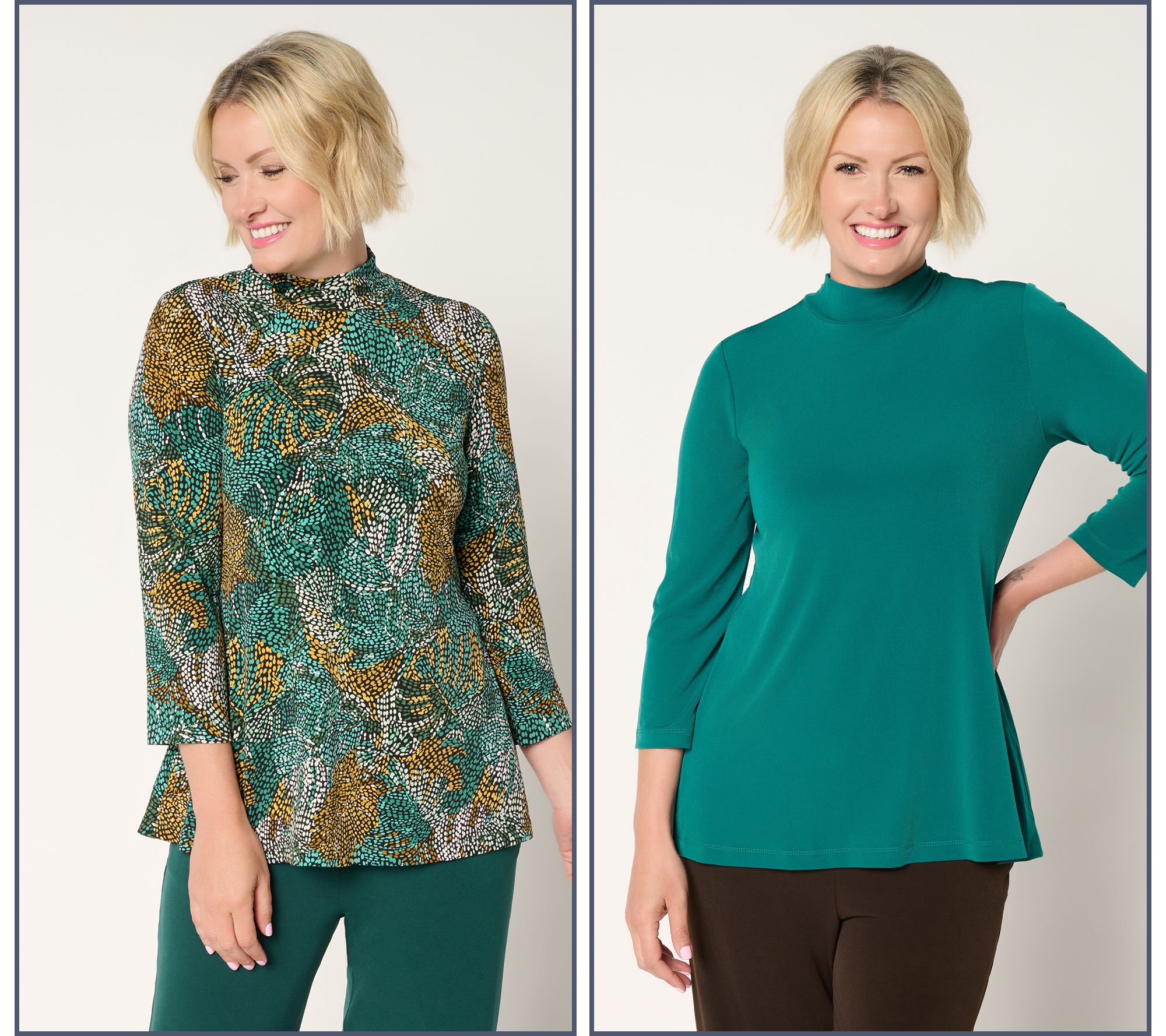 Susan Graver Set of 2 Print & Solid Liquid Knit Mock Neck Tops