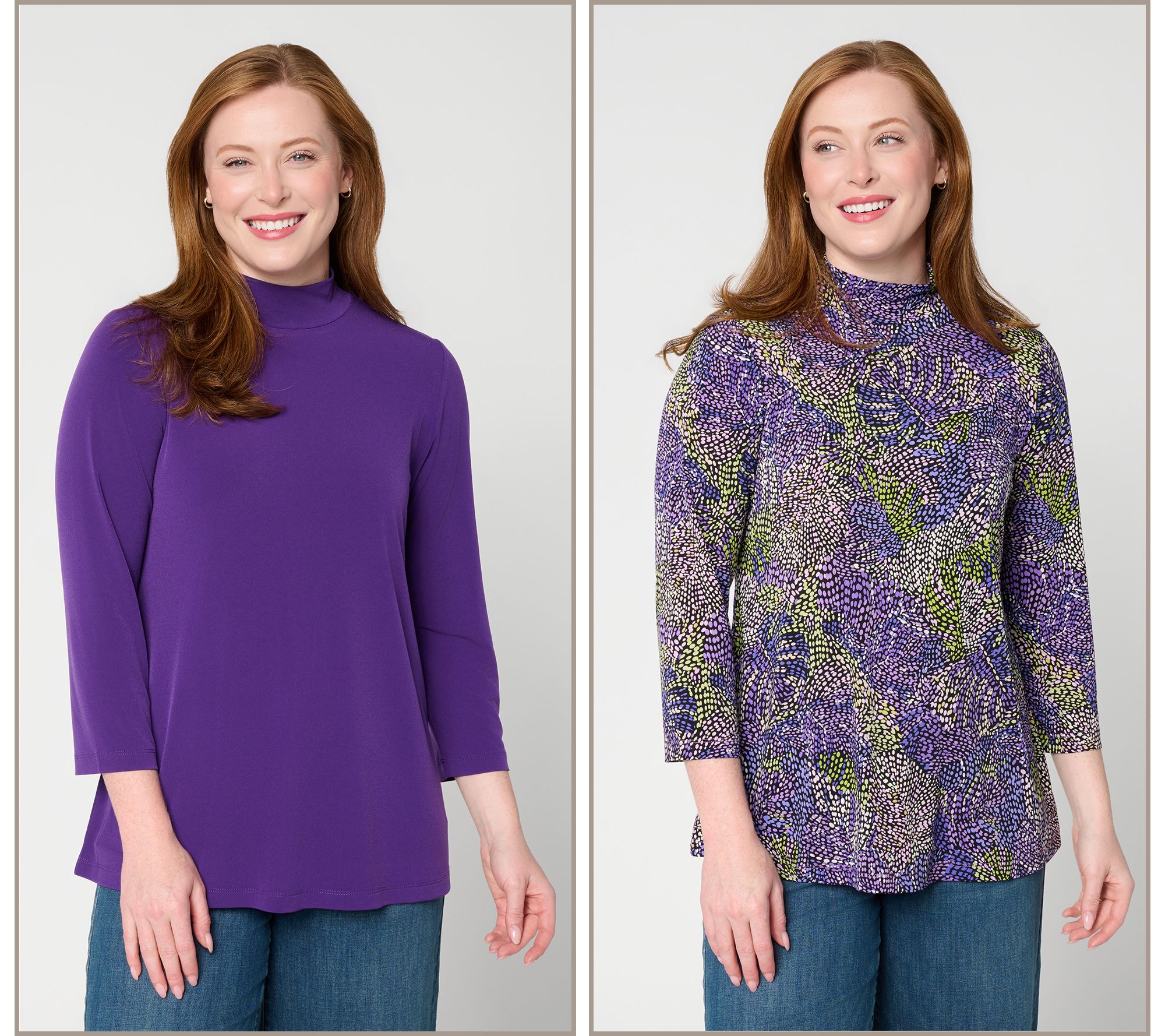 Susan Graver Set of 2 Print & Solid Liquid Knit Mock Neck Tops