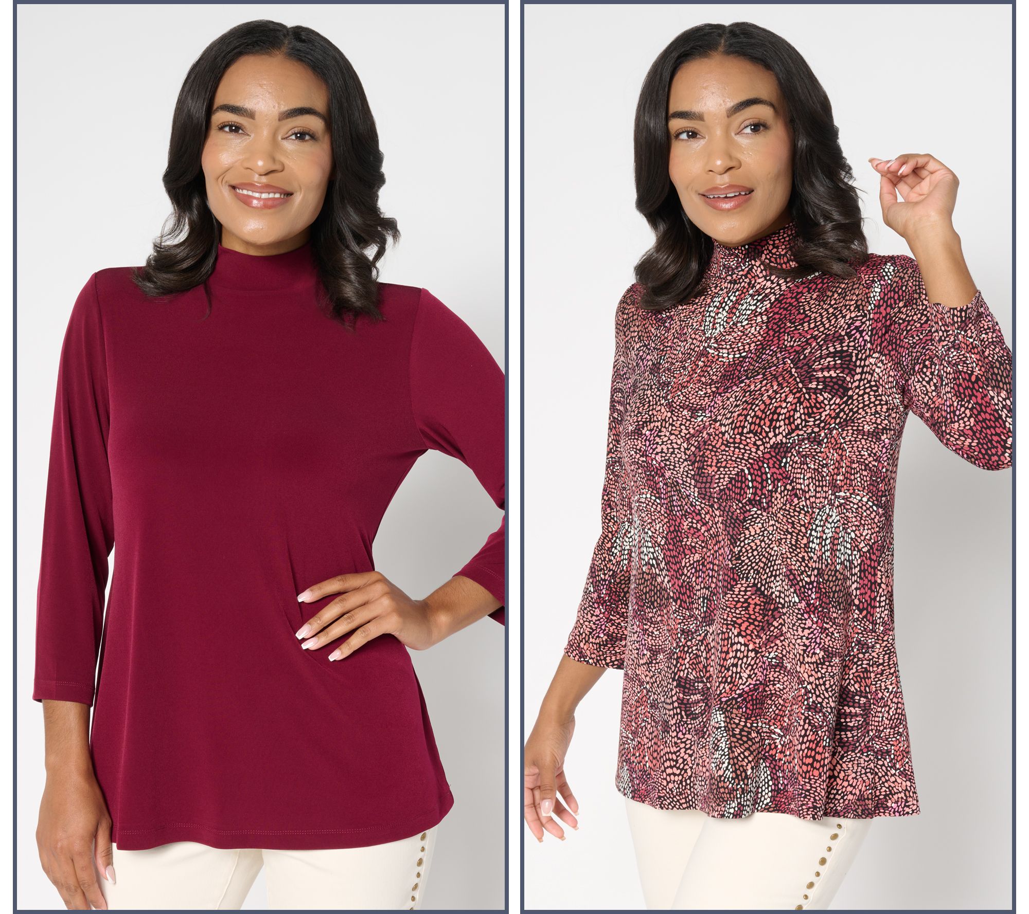 Susan Graver Set of 2 Print & Solid Liquid Knit Mock Neck Tops