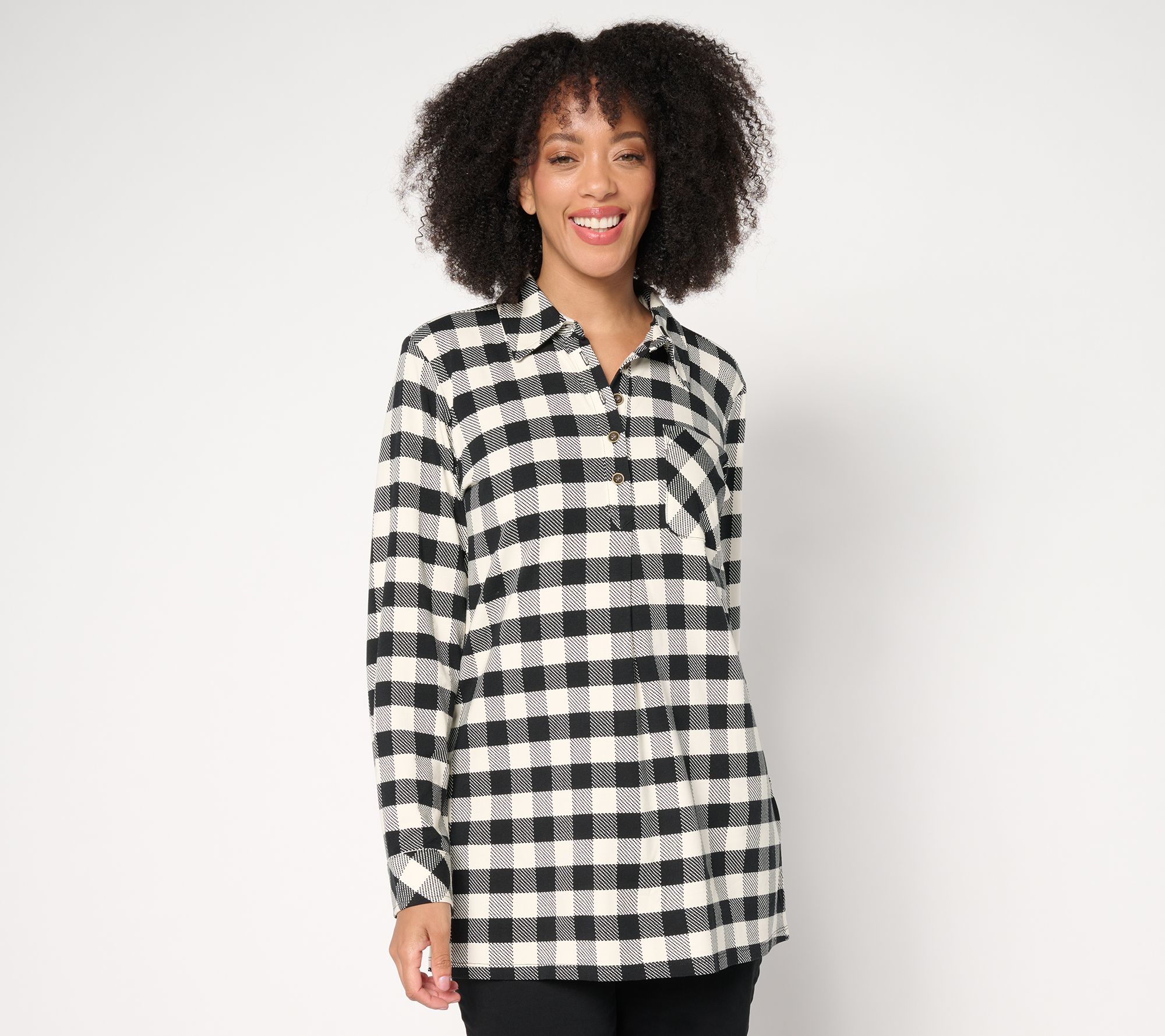  Denim & Co. Petite Buffalo Check So Soft Jersey Henley Tunic