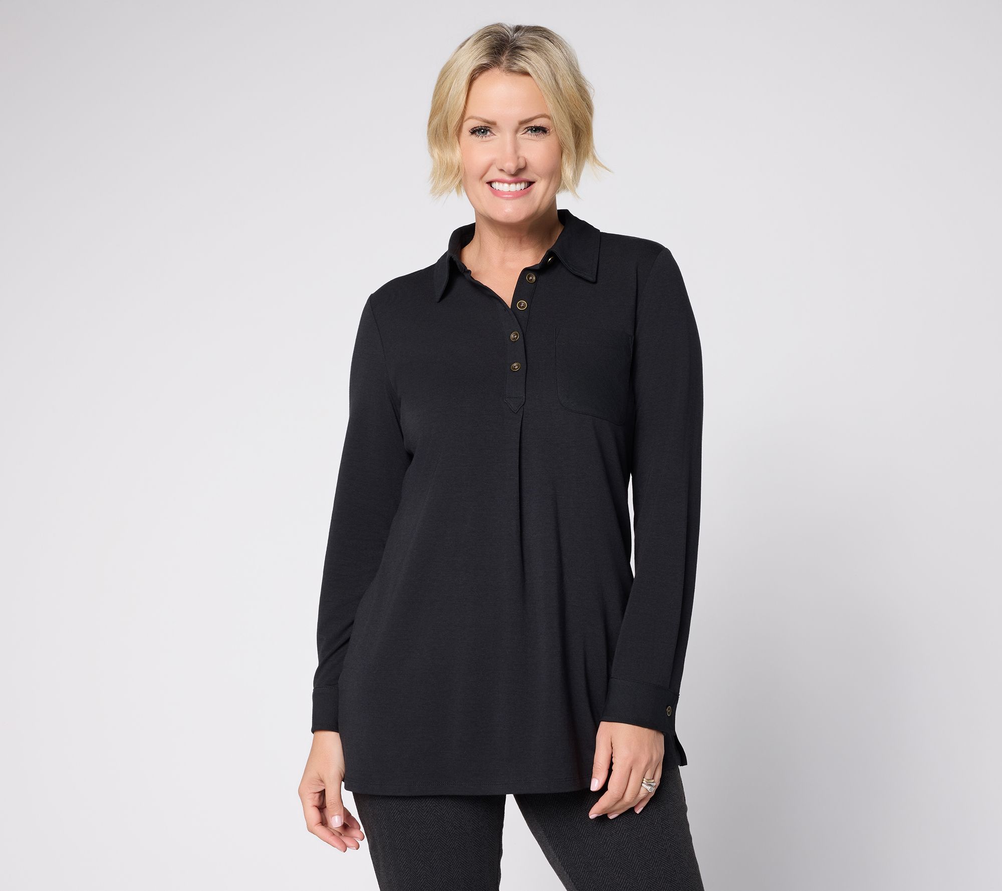 Denim & Co. Petite Buffalo Check So Soft Jersey Henley Tunic