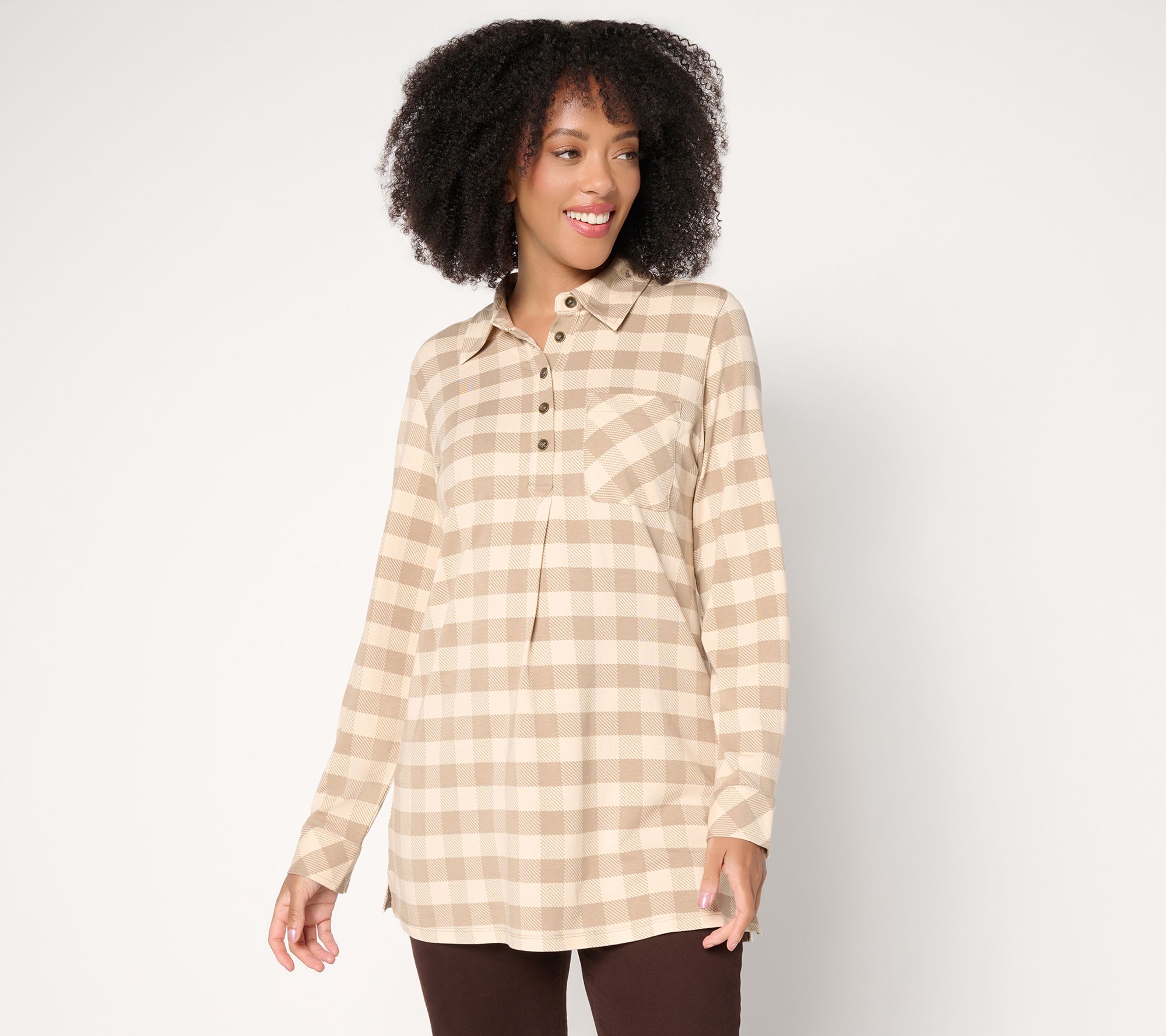 Denim & Co. Petite Buffalo Check So Soft Jersey Henley Tunic