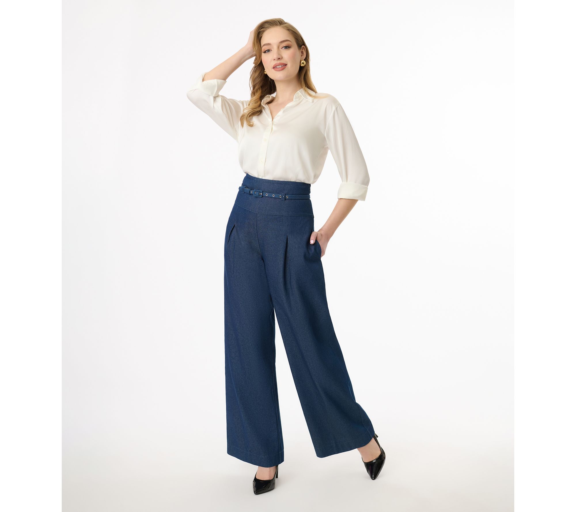 Unique Vintage Denim Wide Leg Pleated Pants