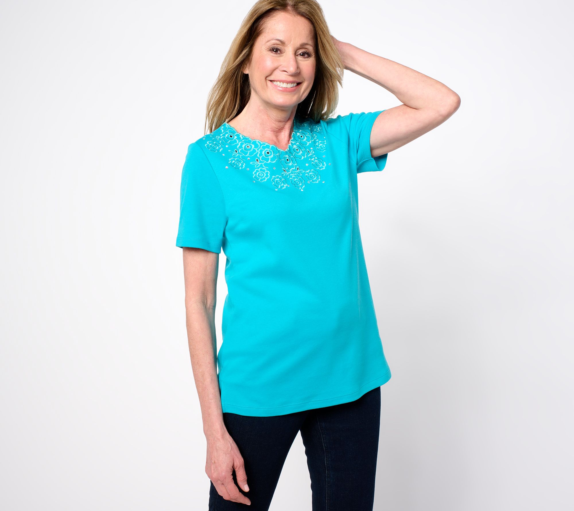 "As Is" Quacker Factory Petunia Scallop Embellished V-Neck Top