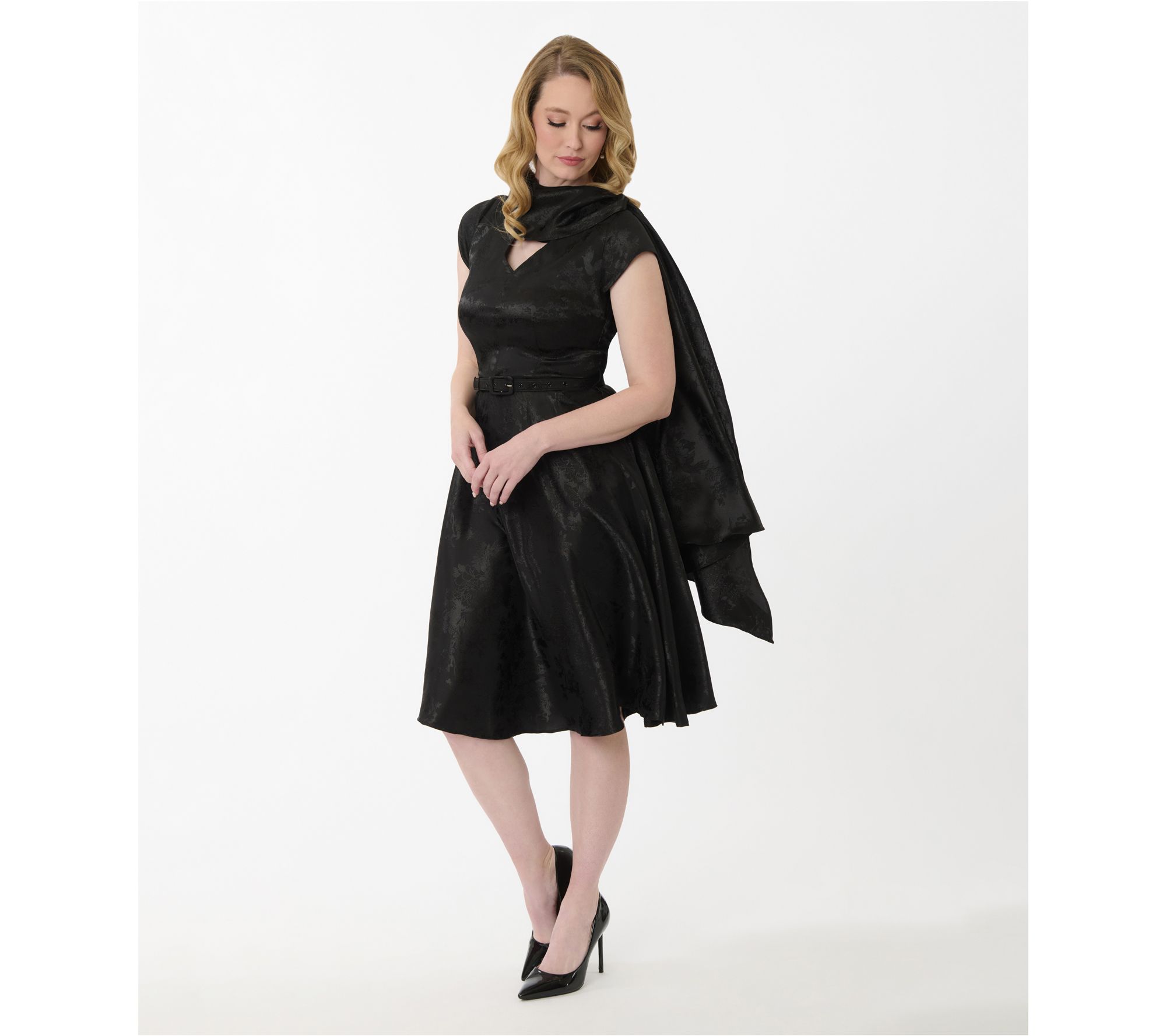 Unique Vintage Black Jacquard Sash Swing Dress