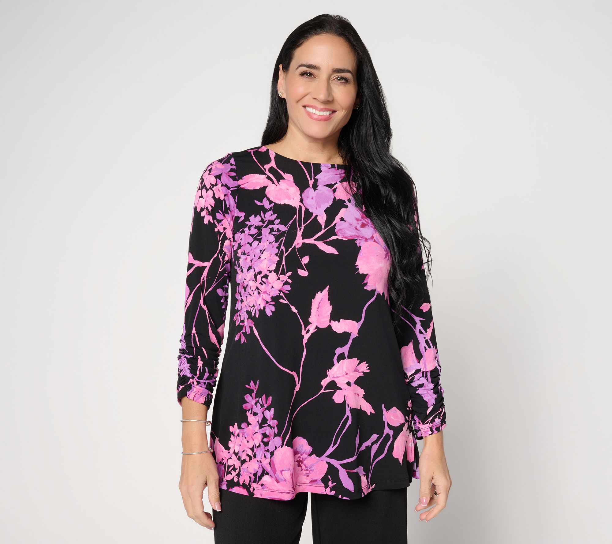 Susan Graver Petite Printed Liquid Knit 3/4 Sleeve A-Line Tunic