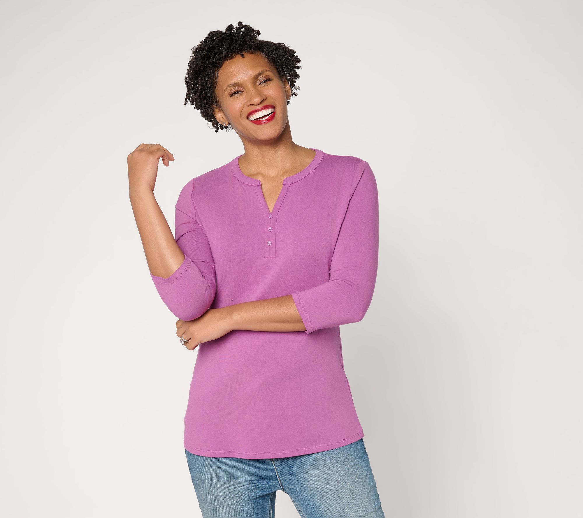Denim & Co. Essentials Favorite Jersey 3/4-Sleeve Henley Top