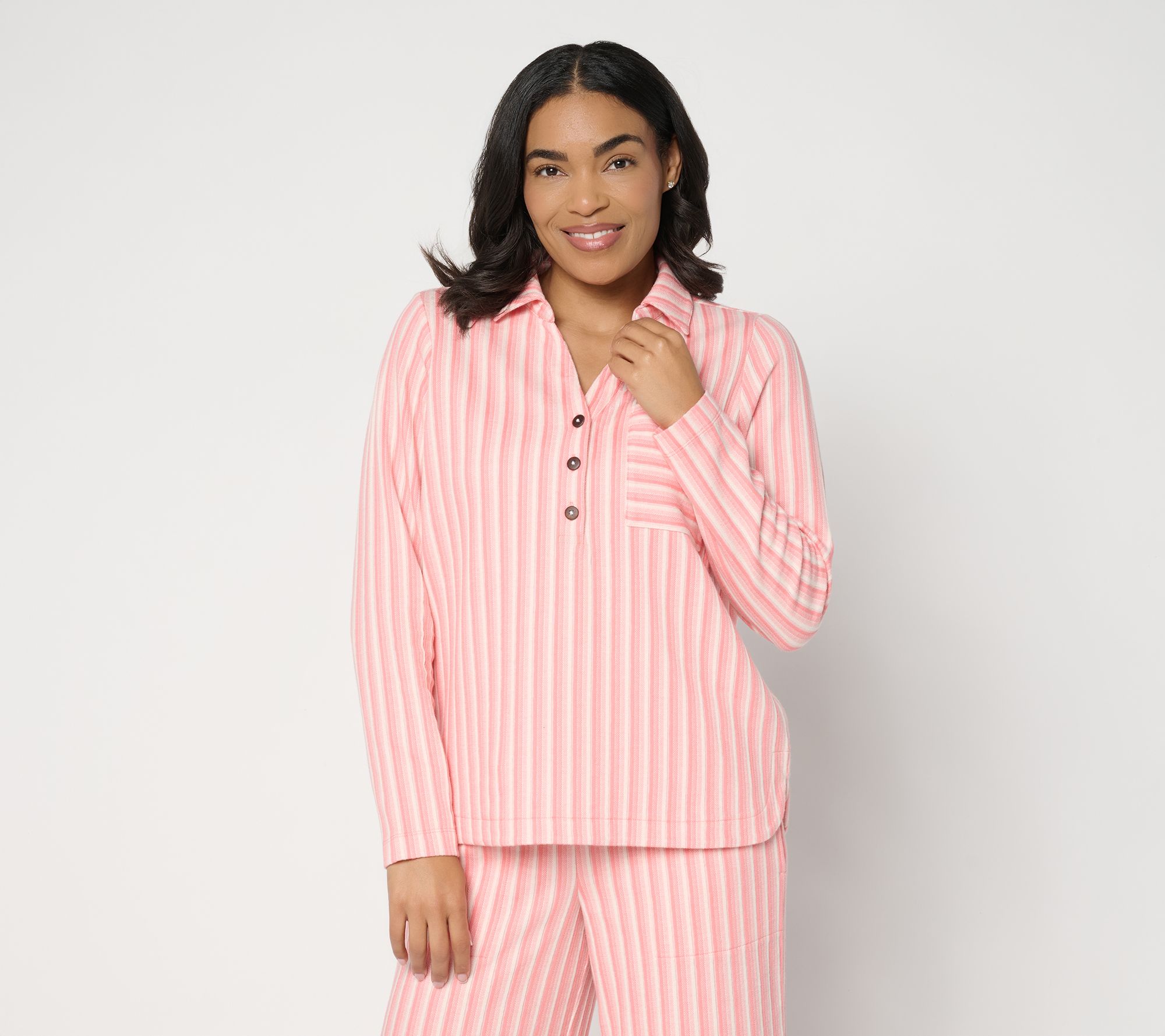 AnyBody Striped Jacquard Collared Henley Top