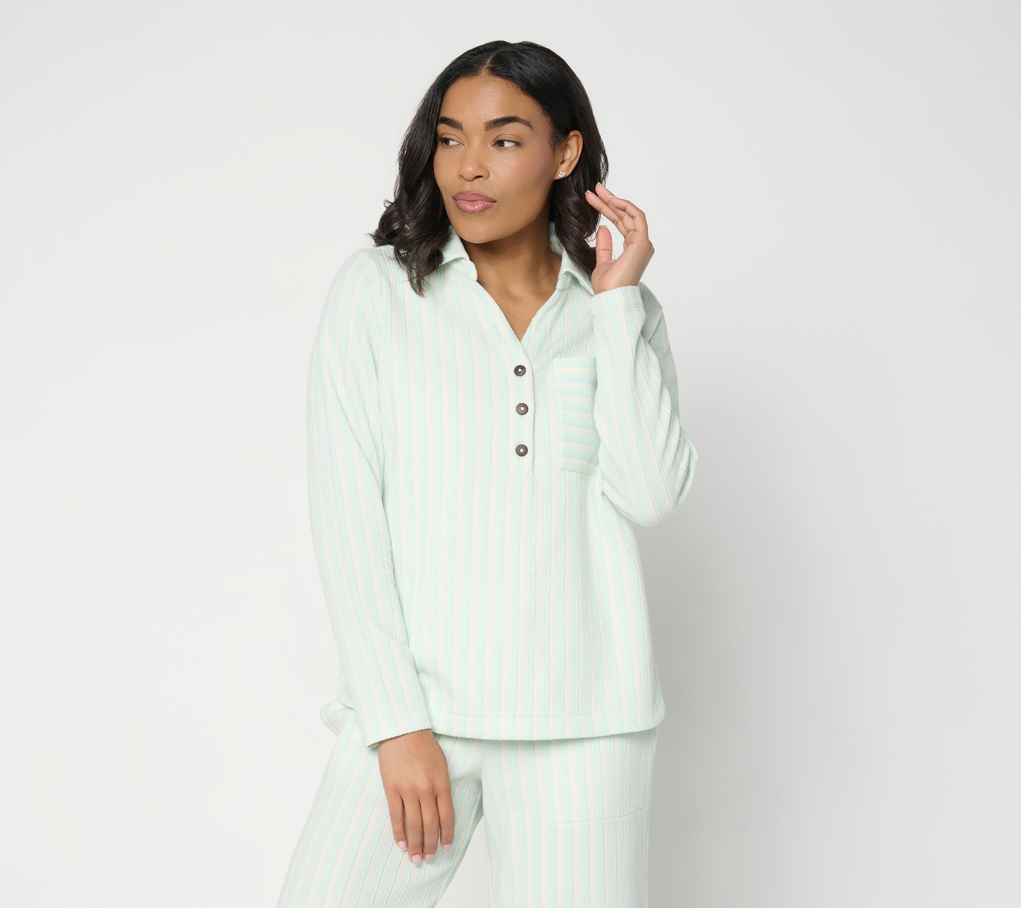 AnyBody Striped Jacquard Collared Henley Top