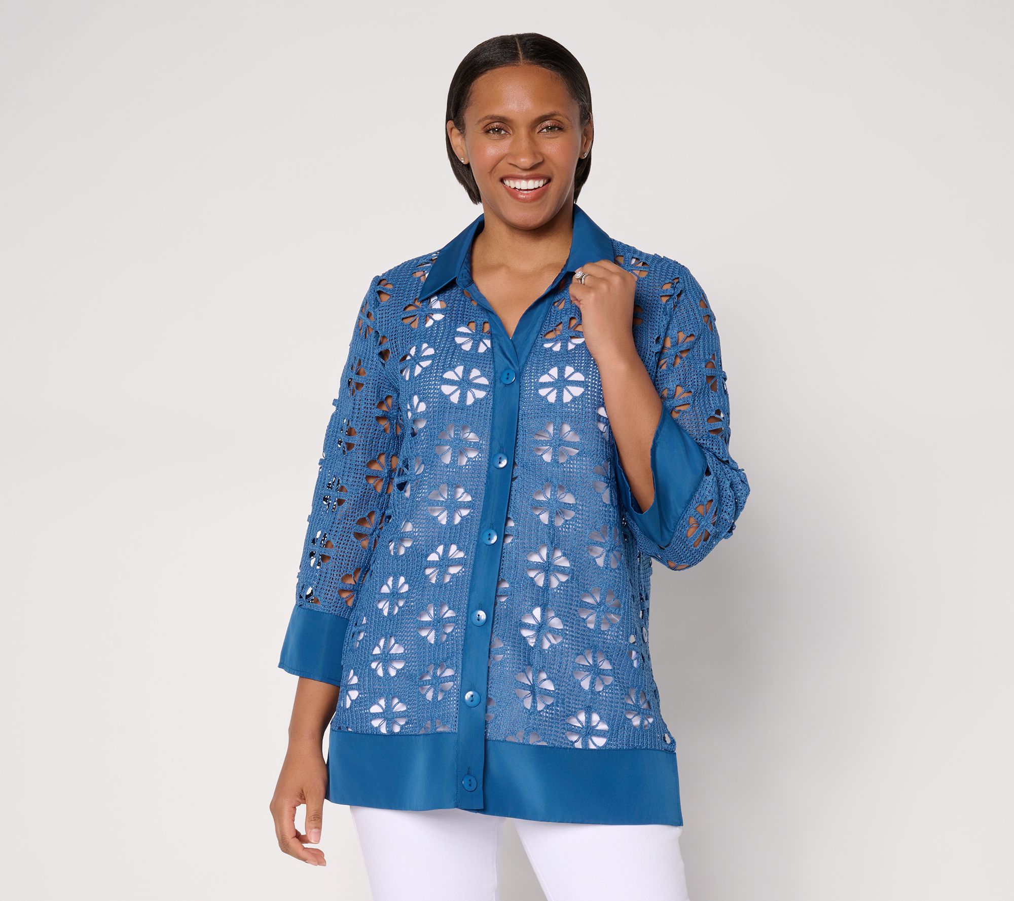 Dennis Basso Petite Button Front Crochet Tunic