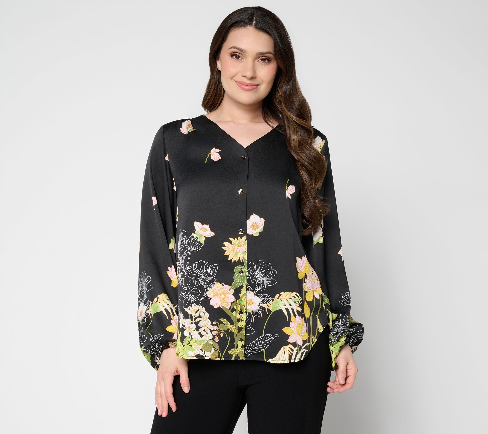 Dennis Basso Regular Printed V-Neck Blouse with Hi/Low Hem