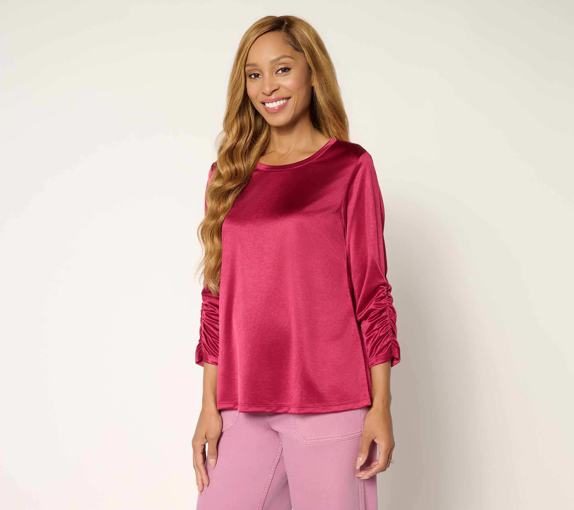 "As Is" LOGO by Lori Goldstein Satin Knit 3/4 Ruched Sleeve Top