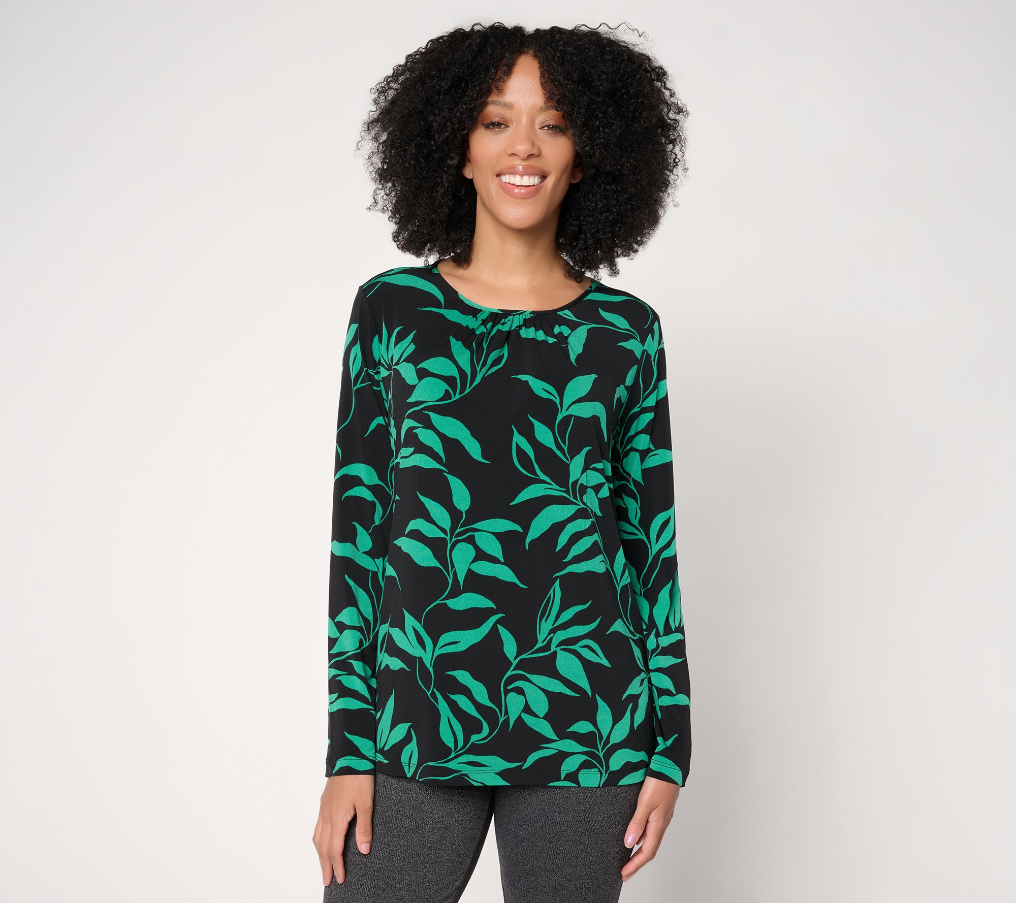 "As Is" Susan Graver Printed Liquid Knit Crew Neck Top with Shirring