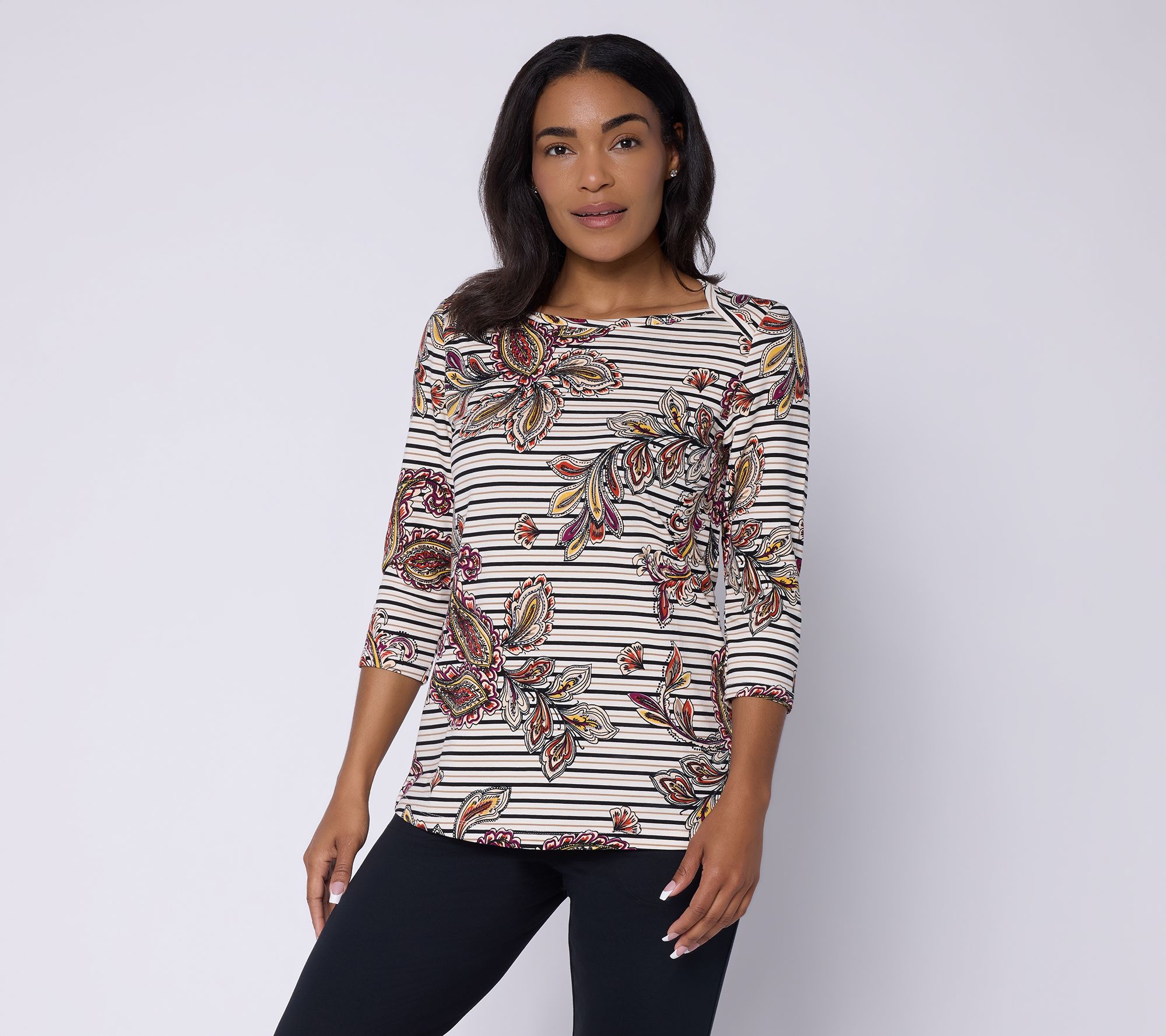 Denim & Co. Active Printed So Soft French Terry 3/4 Sleeve Top