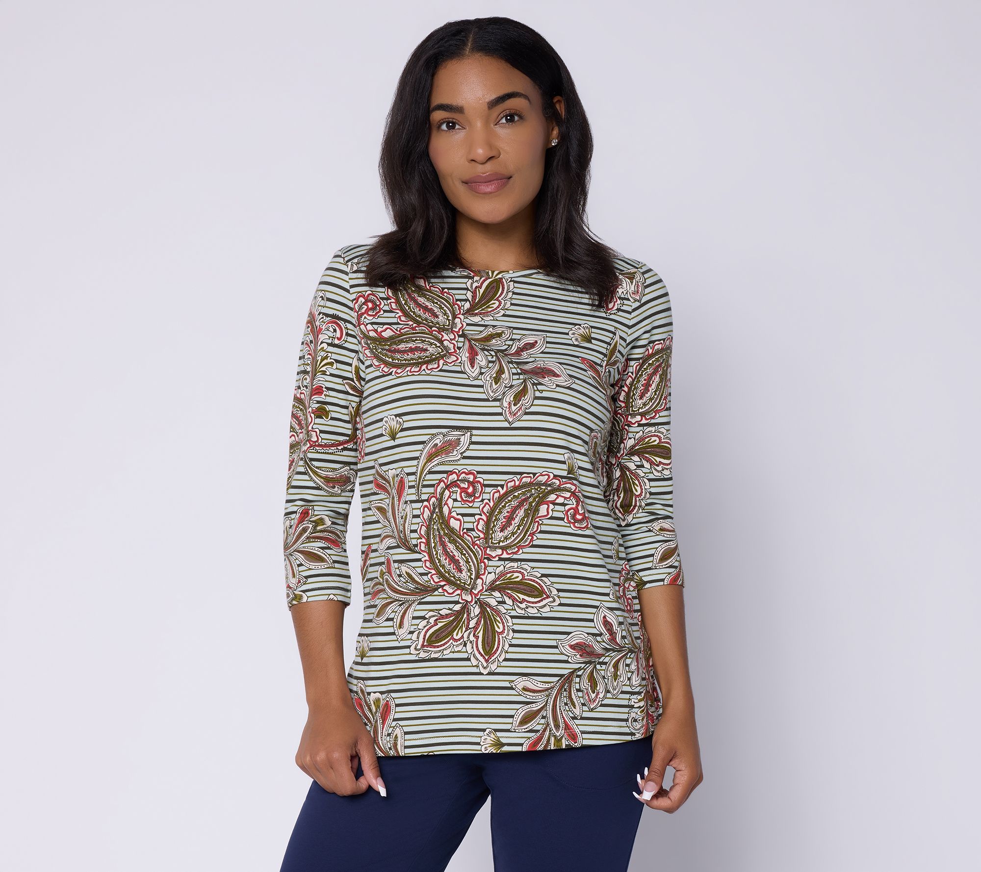 Denim & Co. Active Printed So Soft French Terry 3/4 Sleeve Top