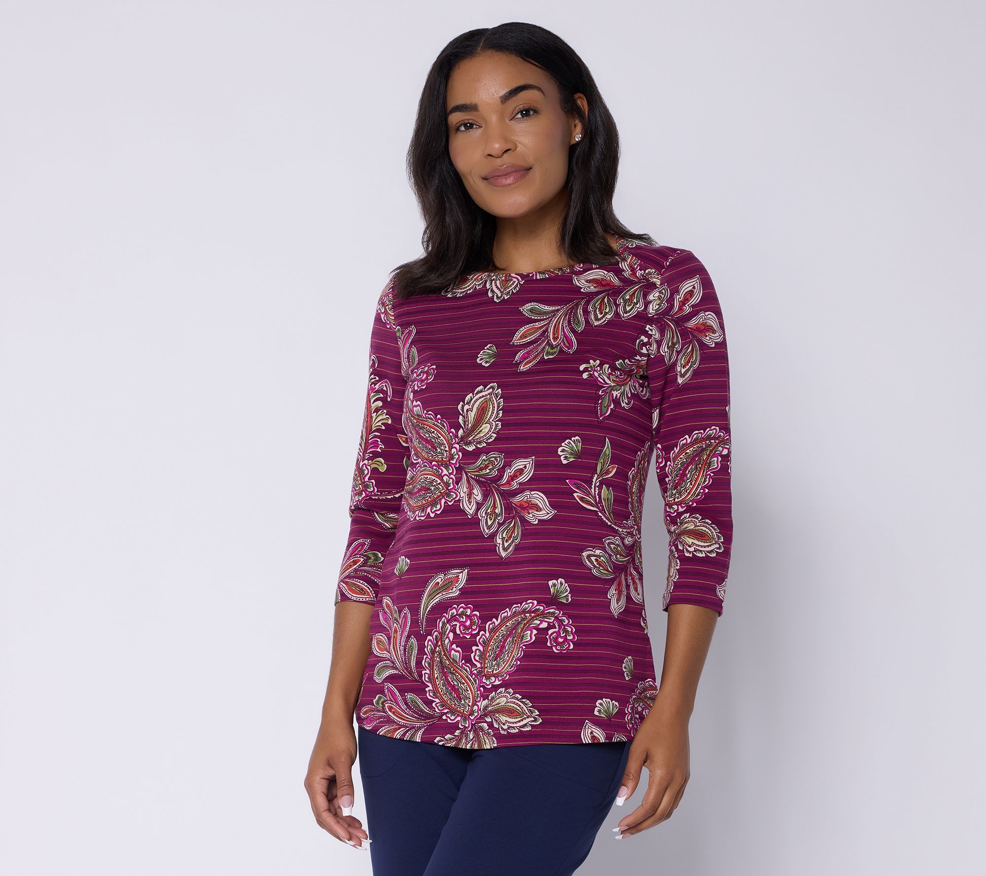 Denim & Co. Active Printed So Soft French Terry 3/4 Sleeve Top