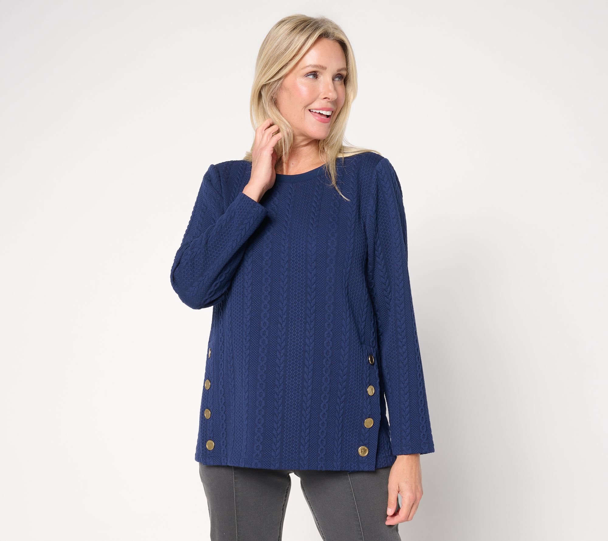 "As Is" Susan Graver Weekend Jacquard Knit Jewel Neck Top w/ Button