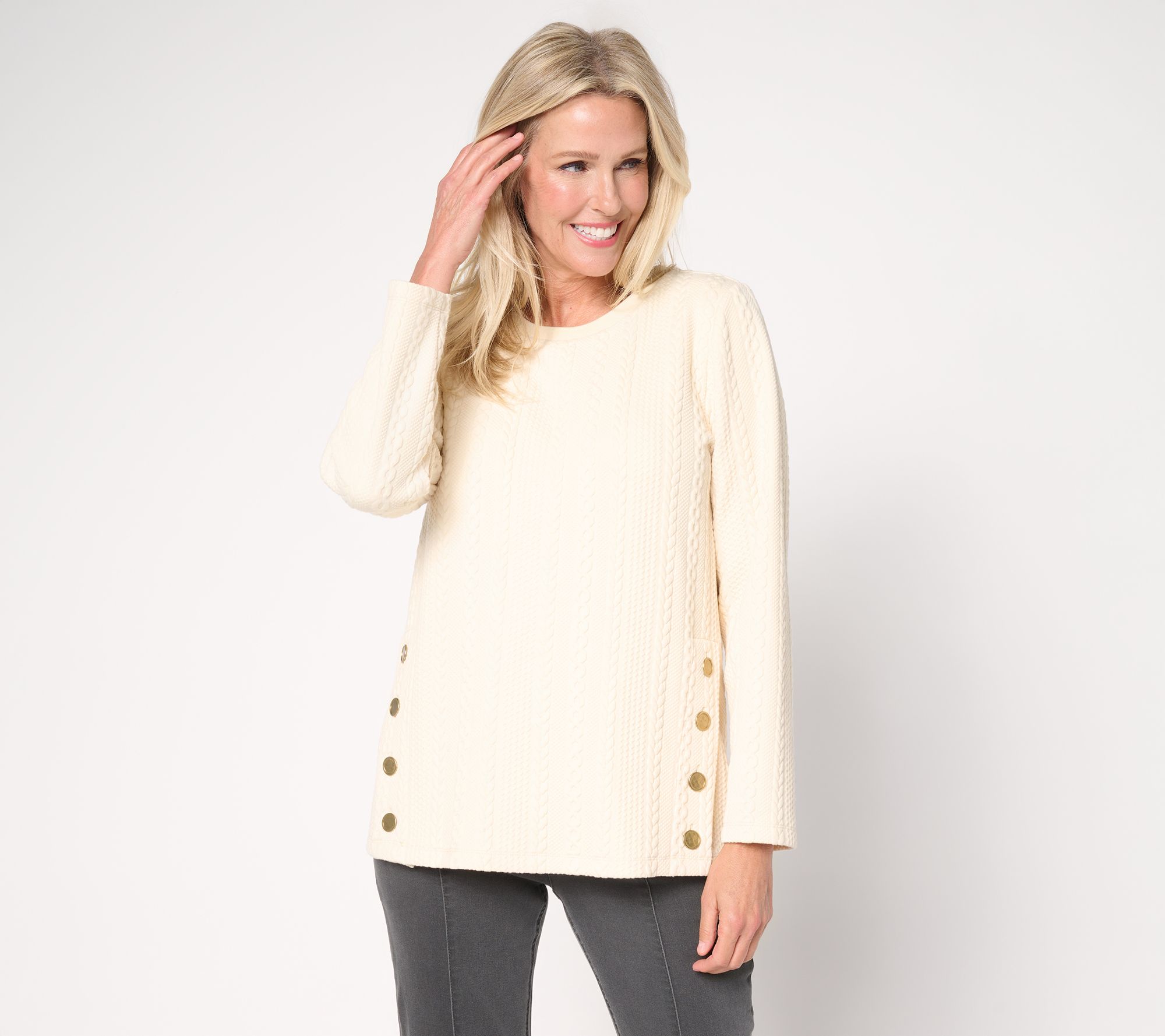 "As Is" Susan Graver Weekend Jacquard Knit Jewel Neck Top w/ Button