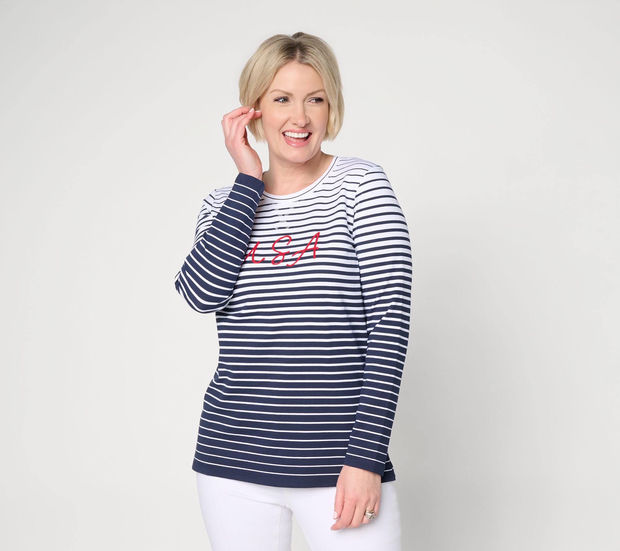 "As Is" Denim & Co. Americana Striped French Terry Crew Neck Top