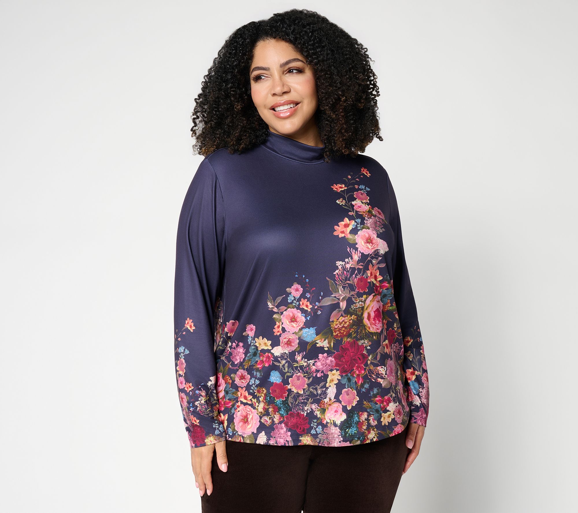 Susan Graver Printed Brushed Knit Mock Neck Long Sleeve Top | QVC