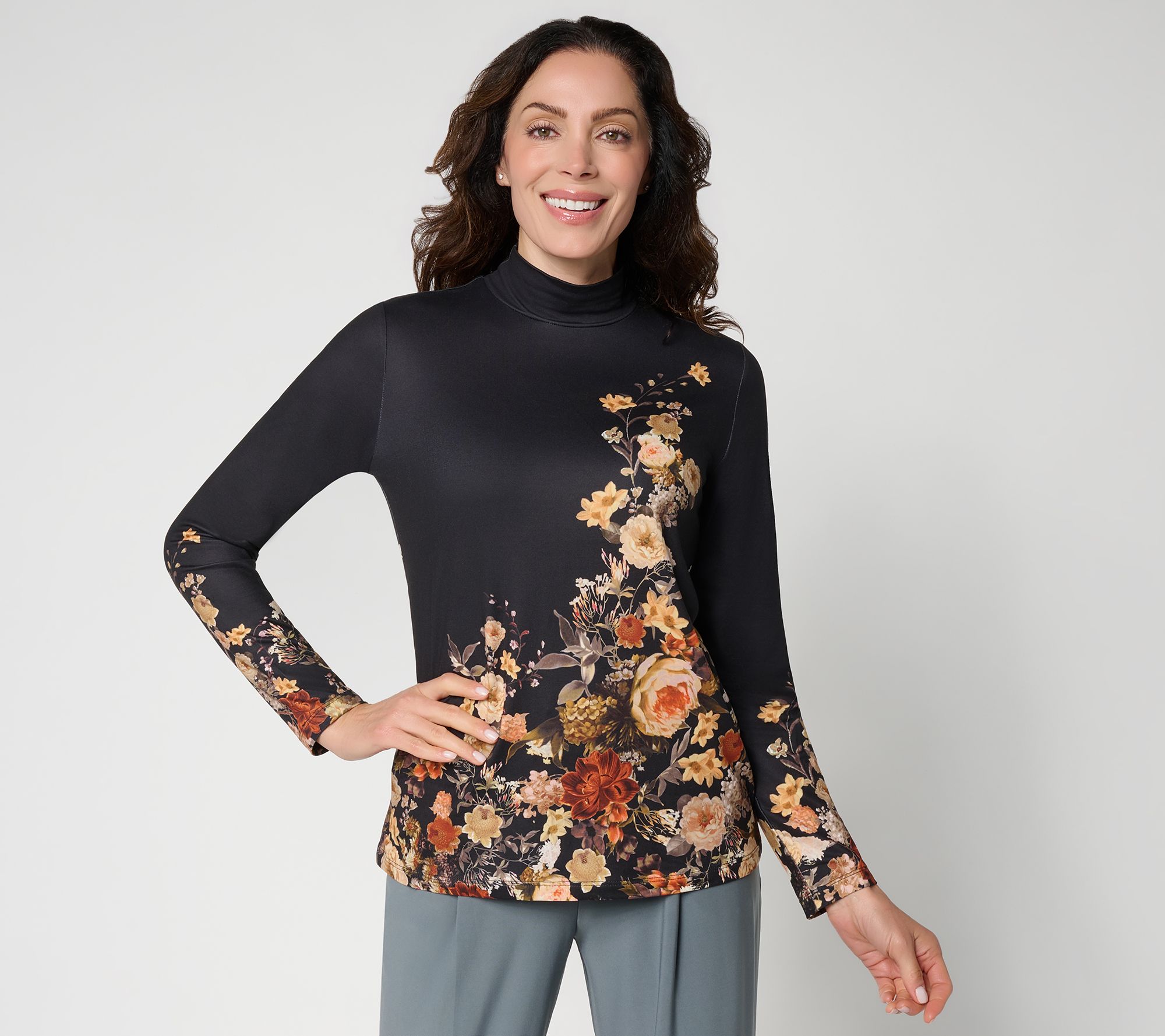 Susan Graver Printed Brushed Knit Mock Neck Long Sleeve Top
